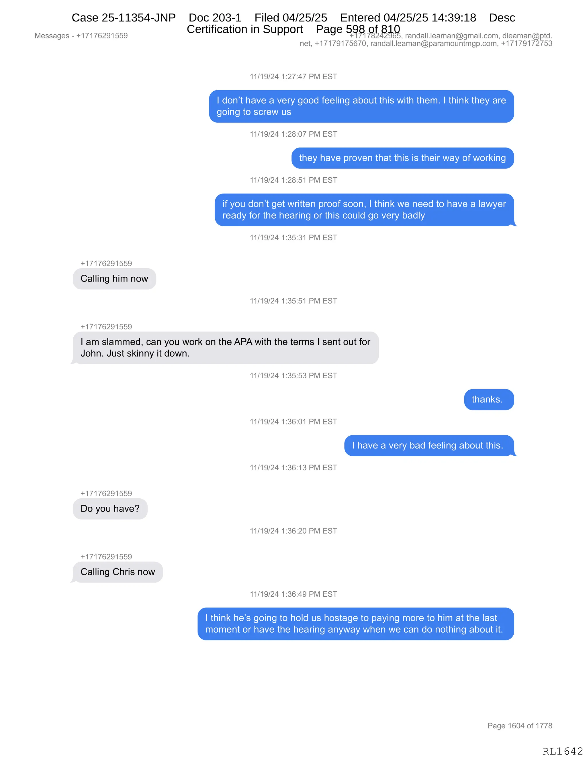 Daryl Heller Bankruptcy Court Filing (text messages and transcripts)