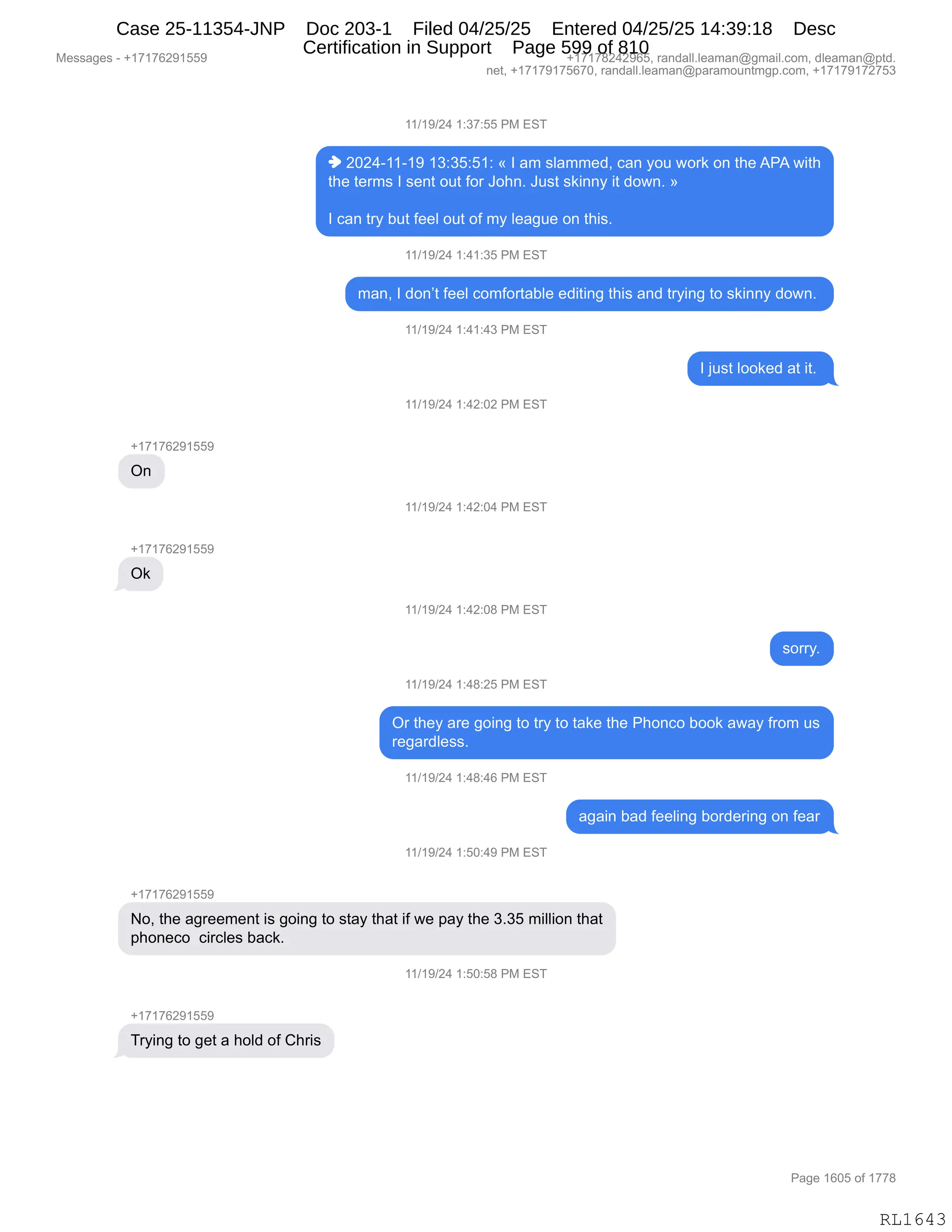 Daryl Heller Bankruptcy Court Filing (text messages and transcripts)