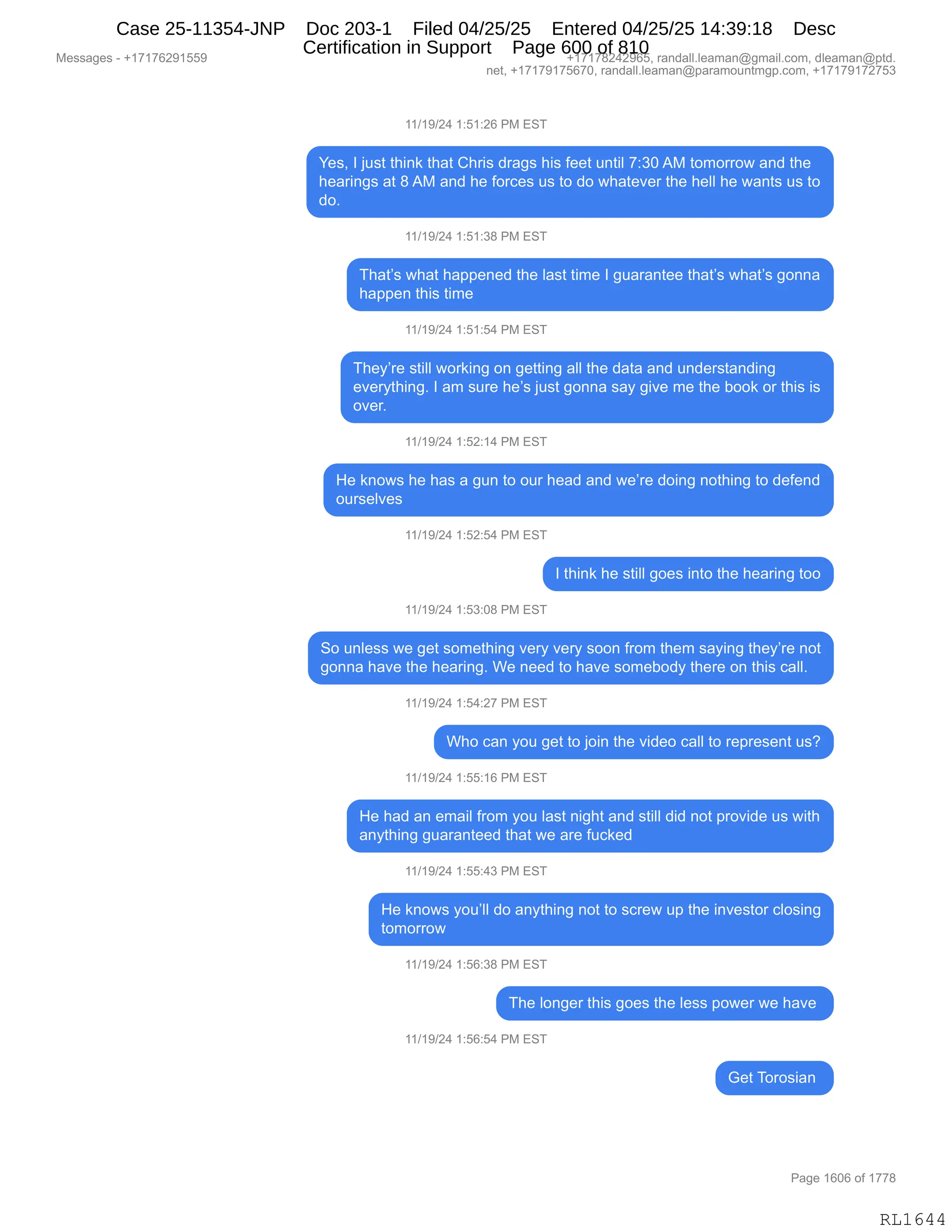 Daryl Heller Bankruptcy Court Filing (text messages and transcripts)