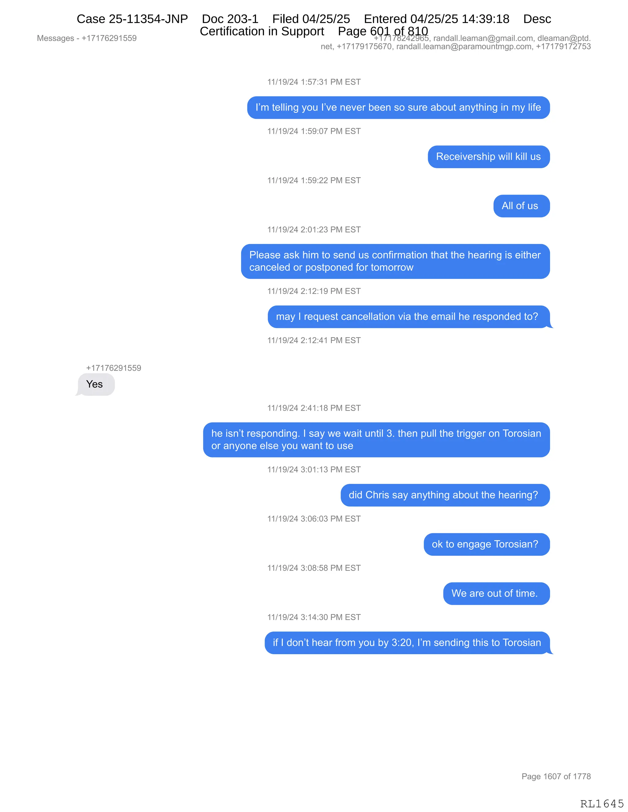 Daryl Heller Bankruptcy Court Filing (text messages and transcripts)