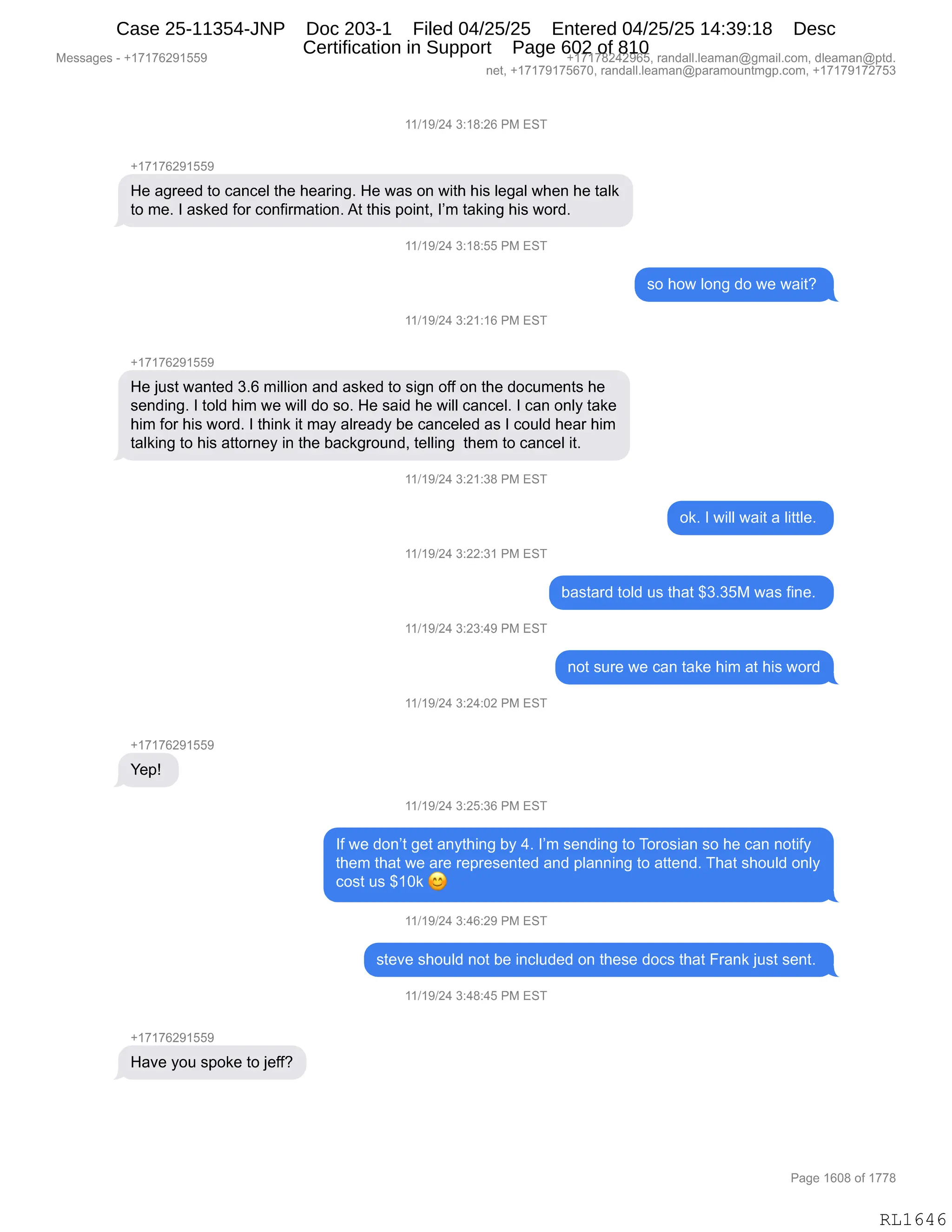 Daryl Heller Bankruptcy Court Filing (text messages and transcripts)