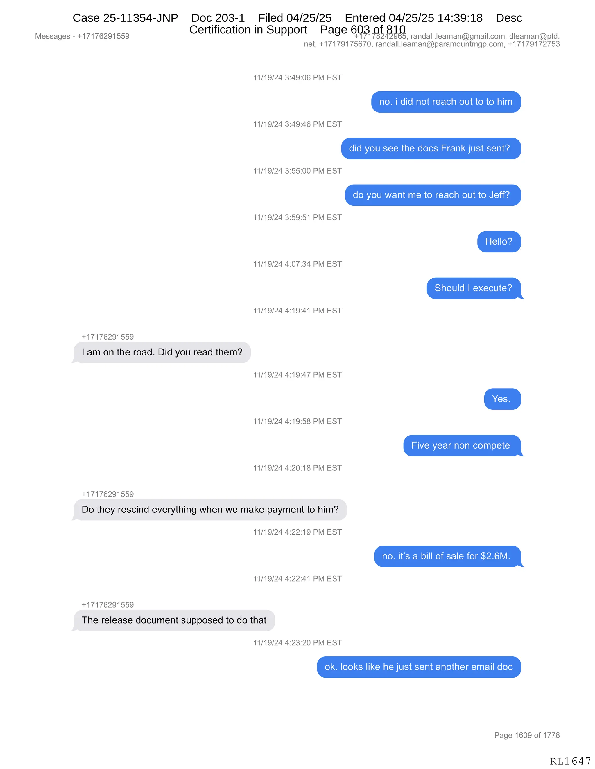 Daryl Heller Bankruptcy Court Filing (text messages and transcripts)