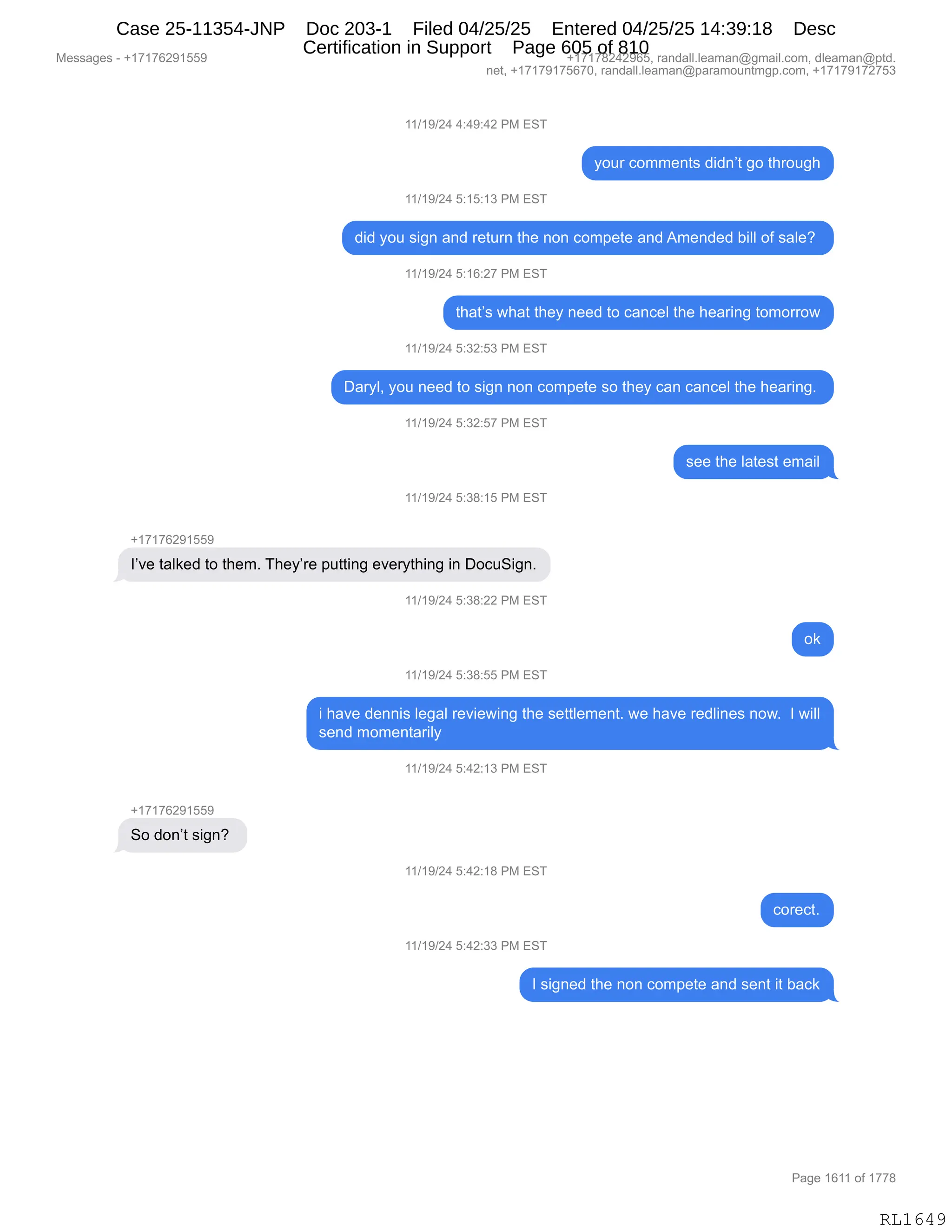 Daryl Heller Bankruptcy Court Filing (text messages and transcripts)