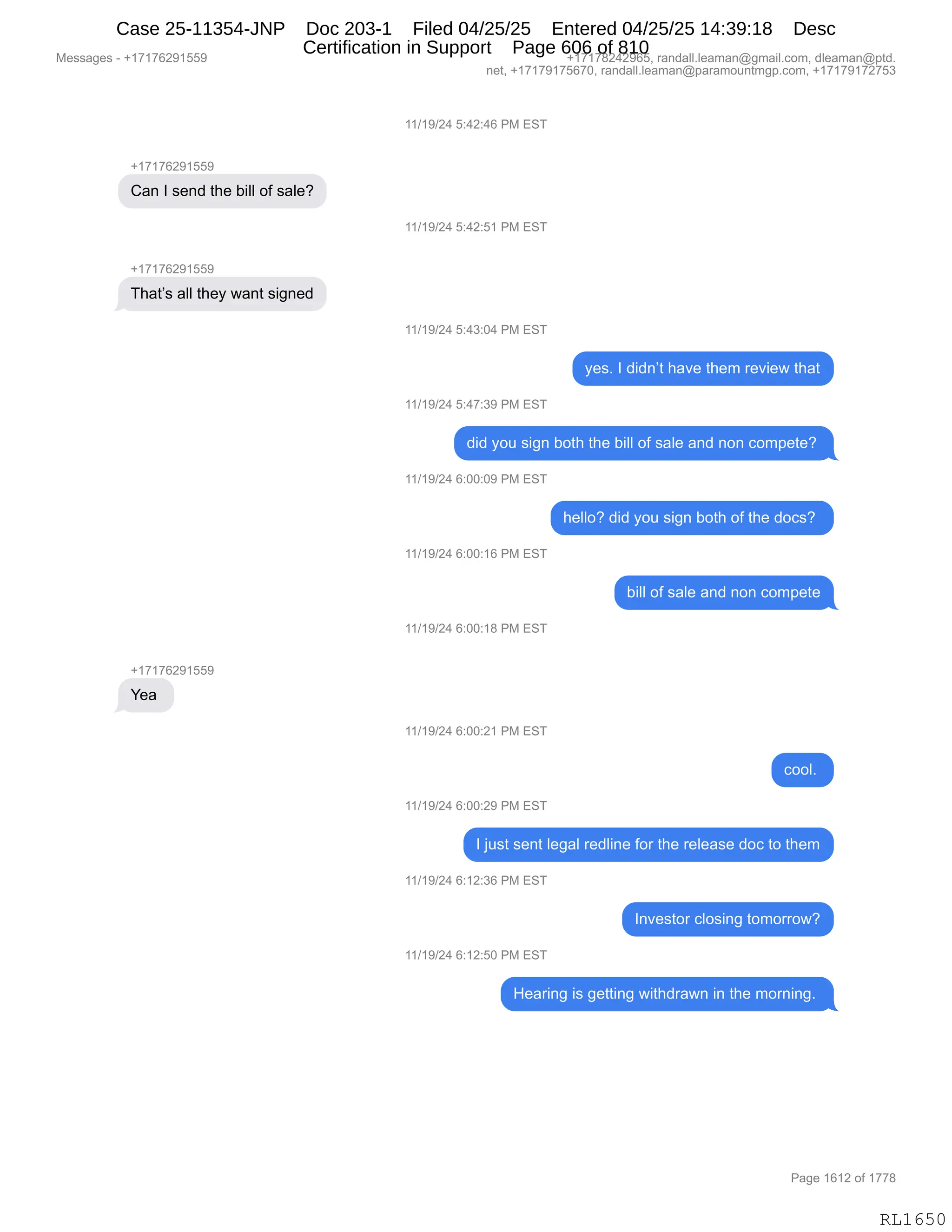 Daryl Heller Bankruptcy Court Filing (text messages and transcripts)