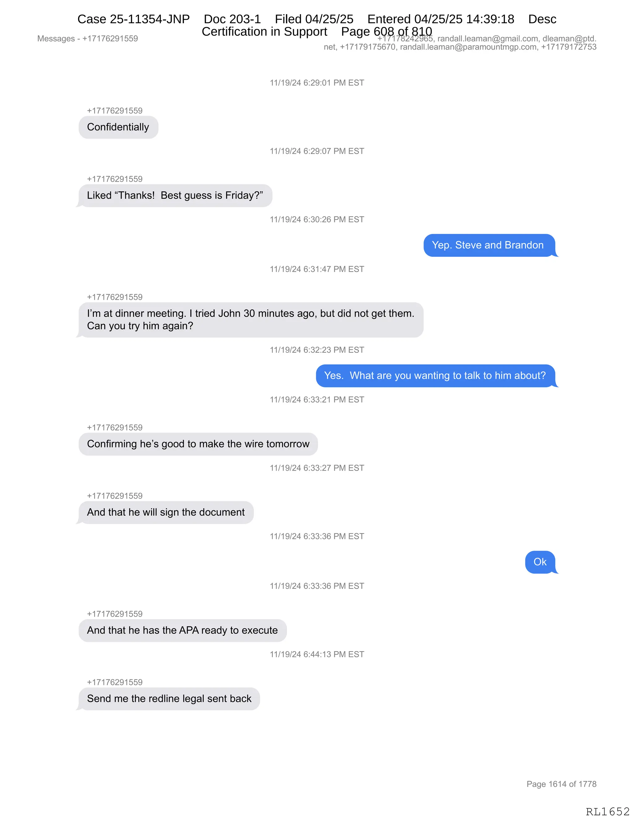 Daryl Heller Bankruptcy Court Filing (text messages and transcripts)