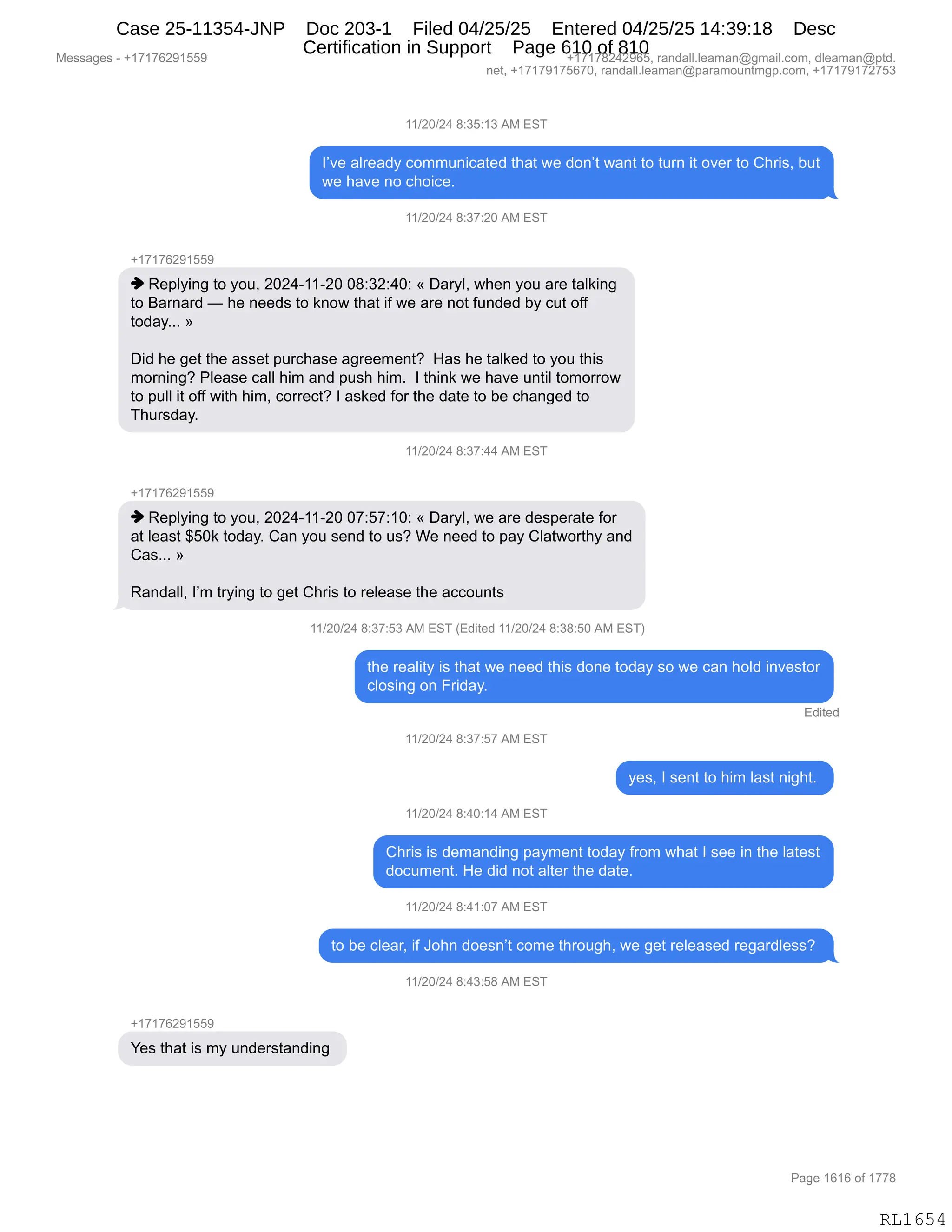 Daryl Heller Bankruptcy Court Filing (text messages and transcripts)