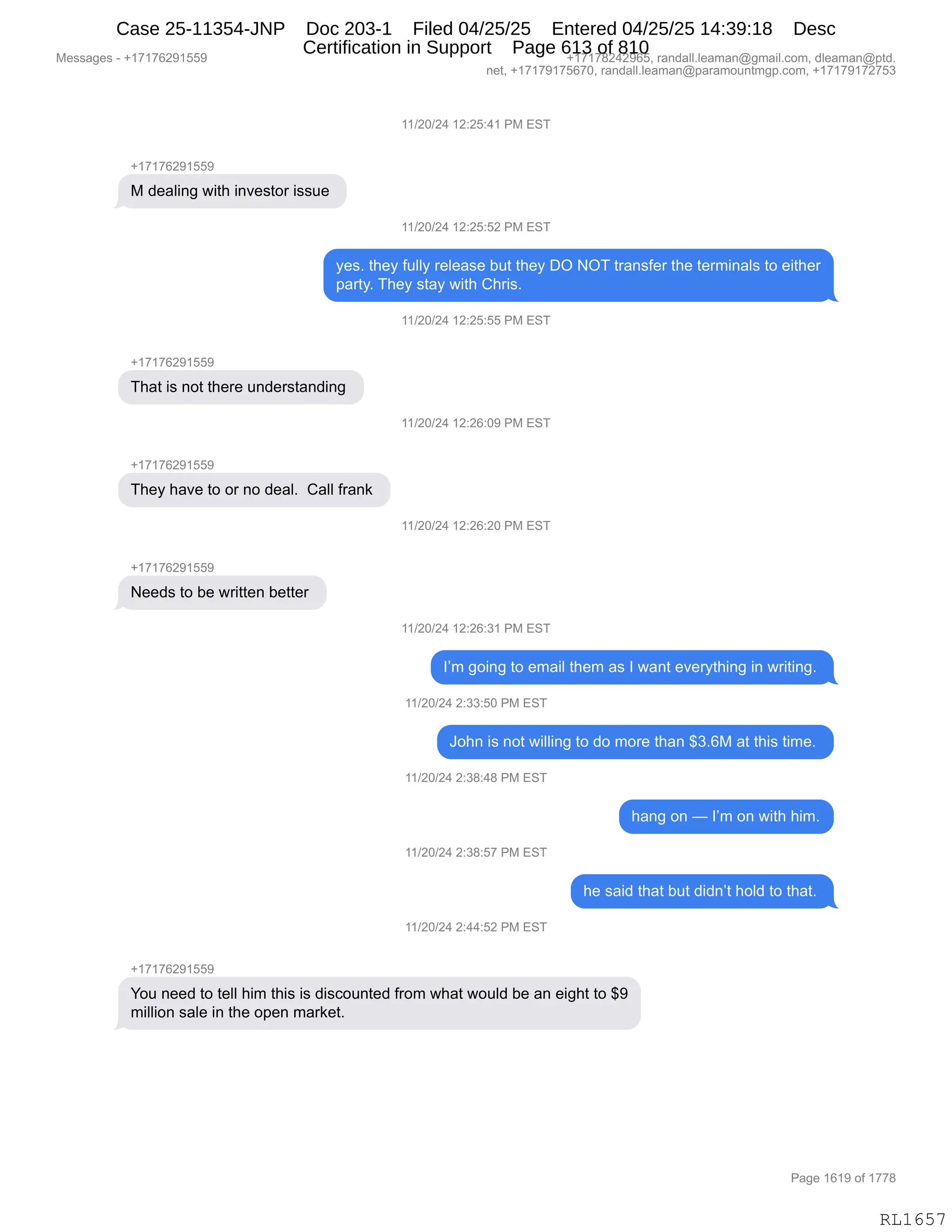 Daryl Heller Bankruptcy Court Filing (text messages and transcripts)