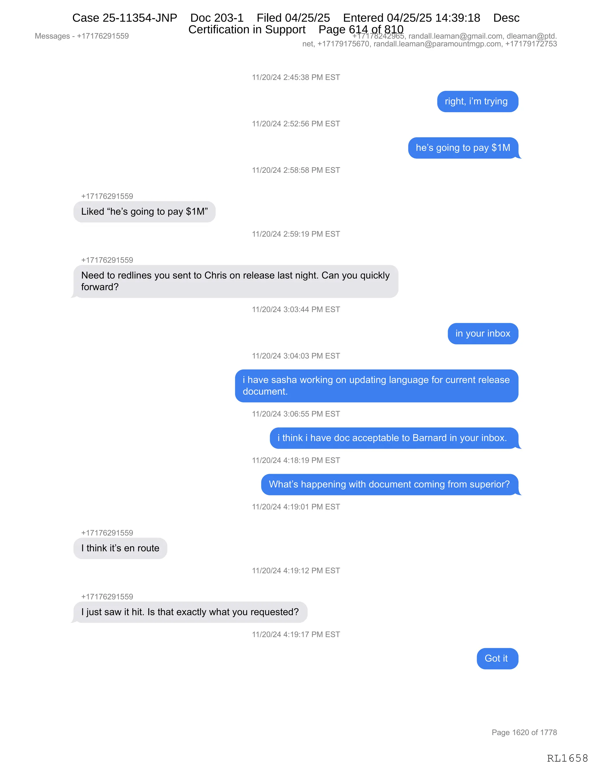 Daryl Heller Bankruptcy Court Filing (text messages and transcripts)