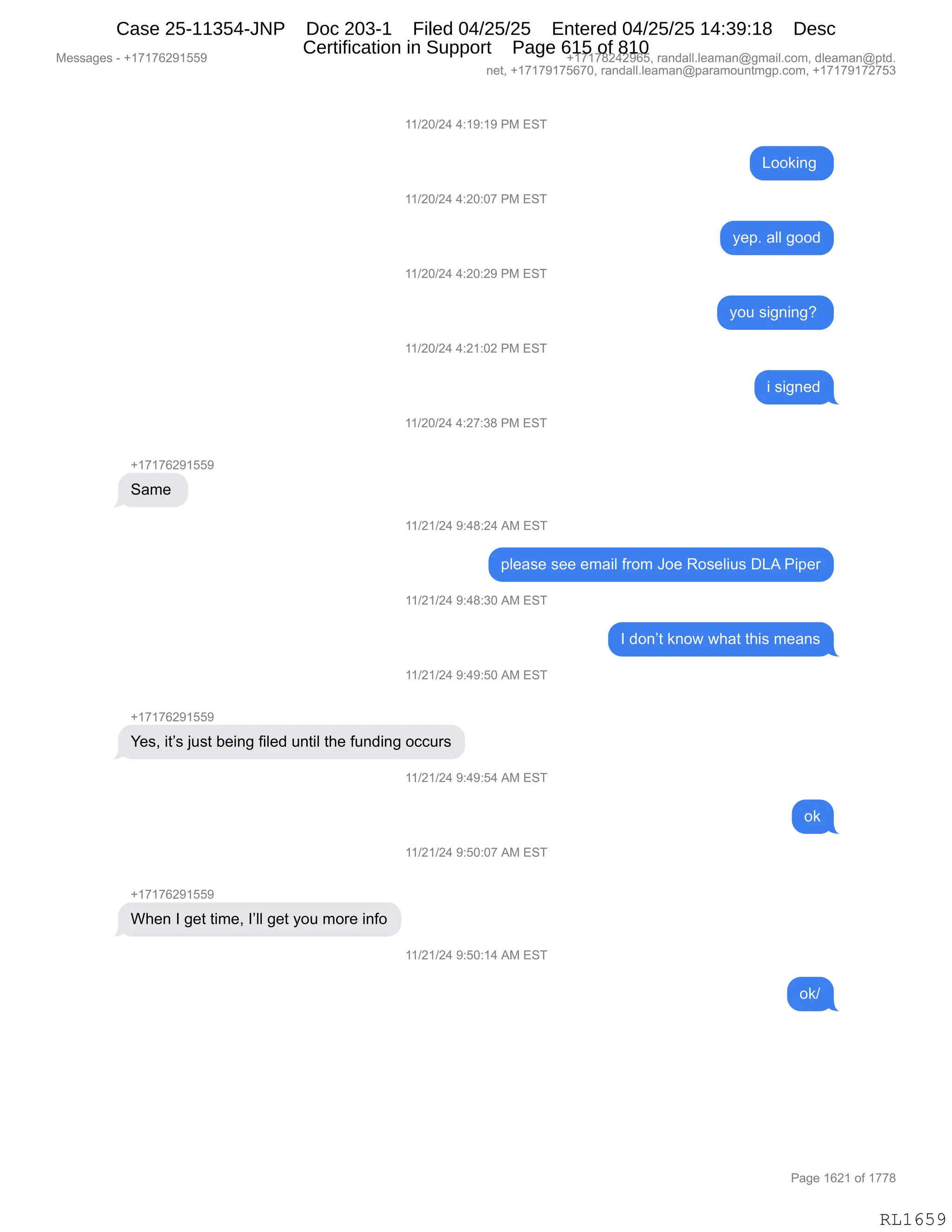 Daryl Heller Bankruptcy Court Filing (text messages and transcripts)