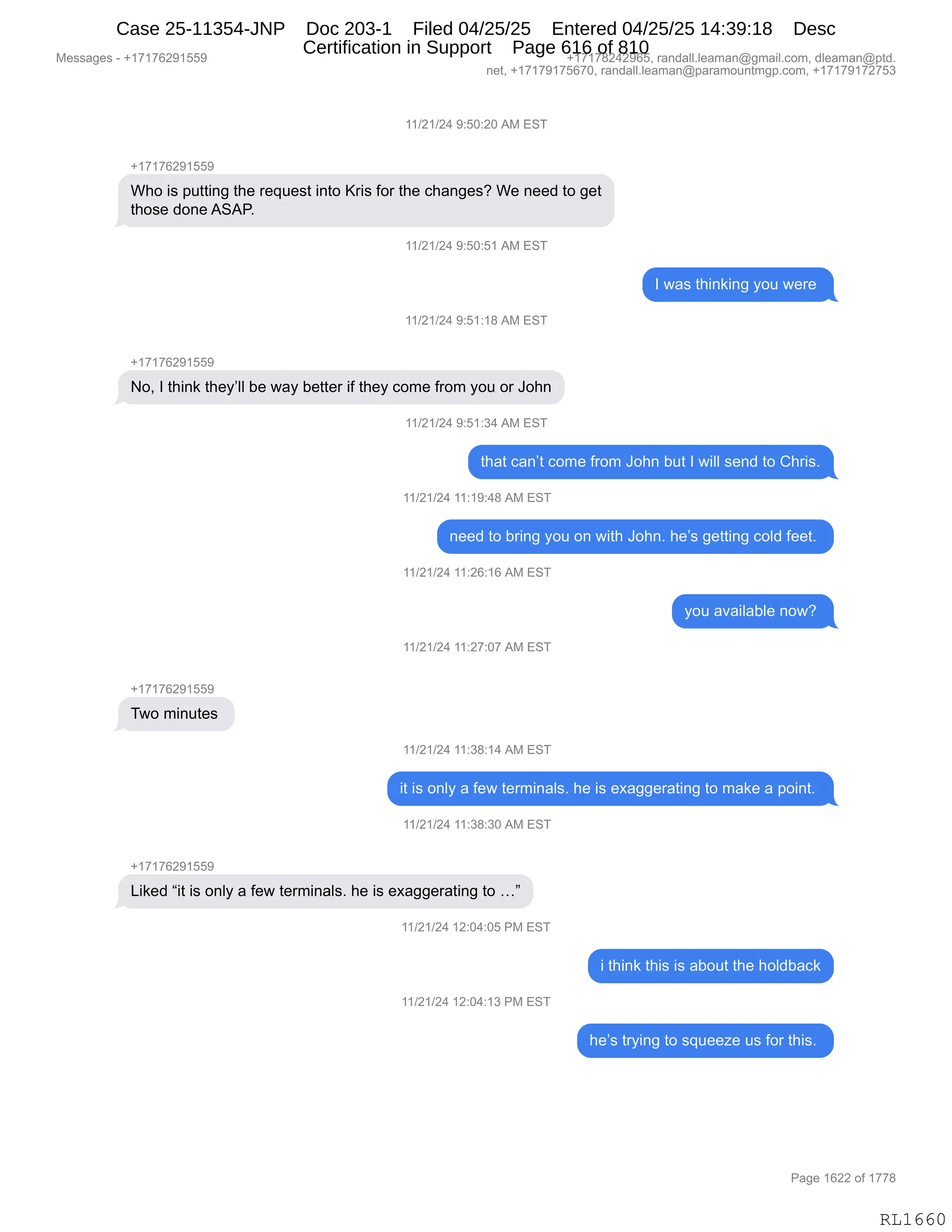 Daryl Heller Bankruptcy Court Filing (text messages and transcripts)