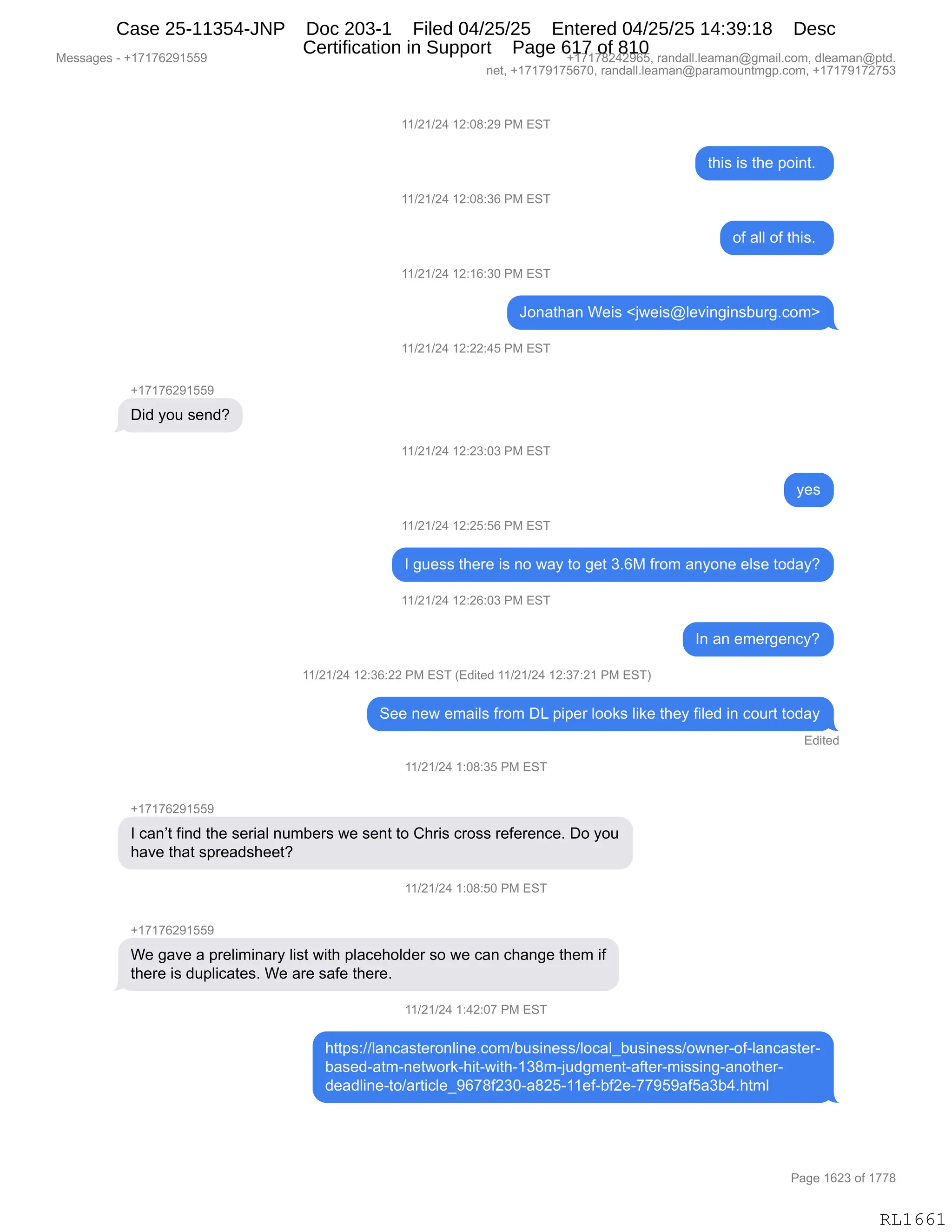 Daryl Heller Bankruptcy Court Filing (text messages and transcripts)