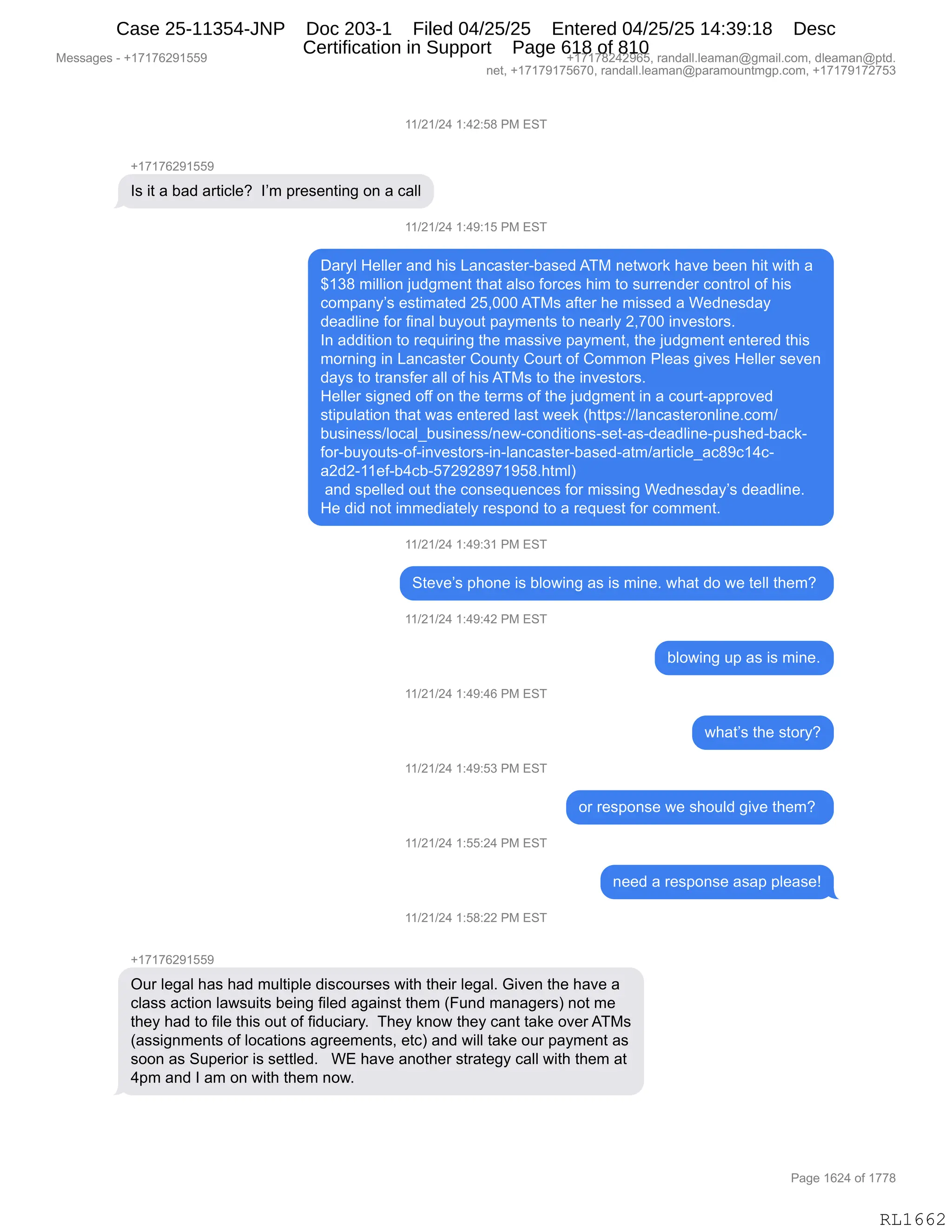 Daryl Heller Bankruptcy Court Filing (text messages and transcripts)