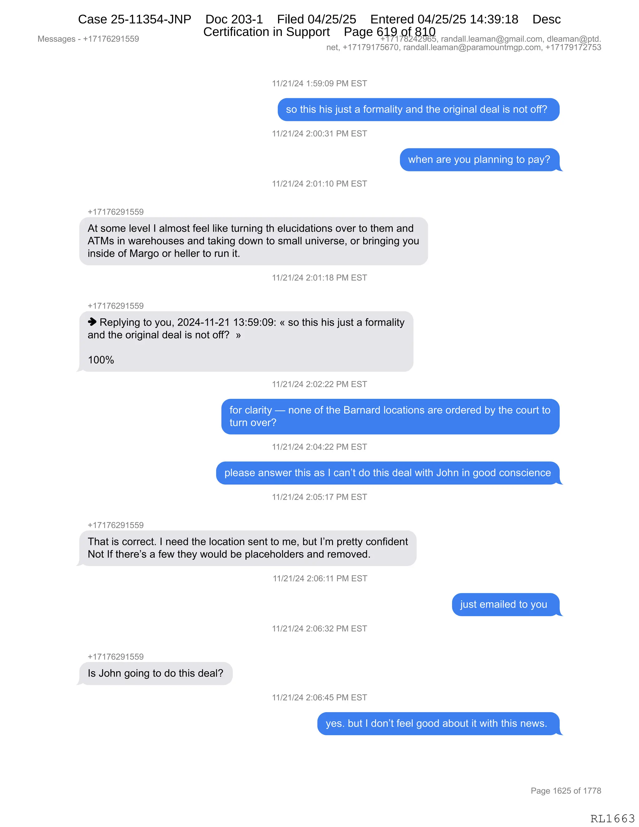 Daryl Heller Bankruptcy Court Filing (text messages and transcripts)