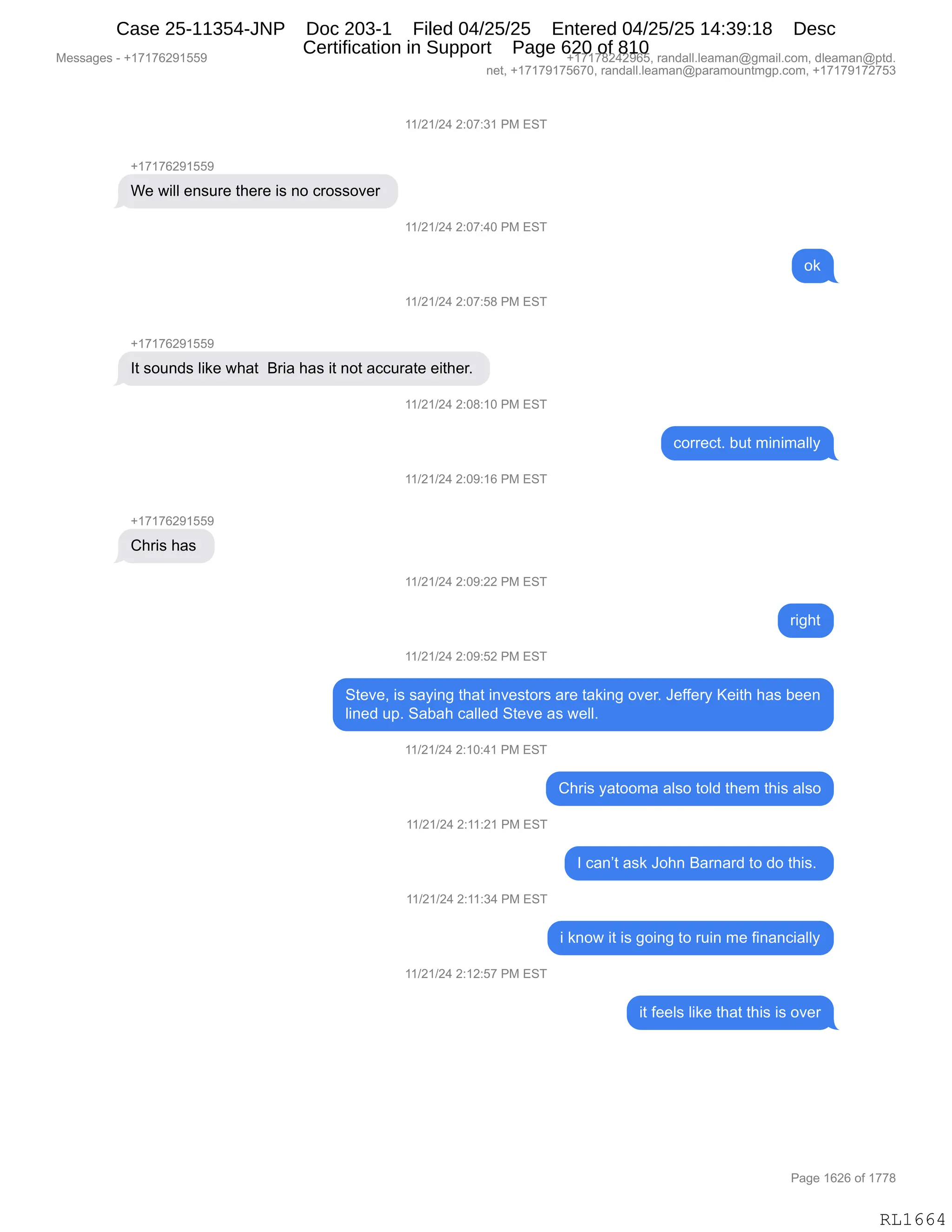 Daryl Heller Bankruptcy Court Filing (text messages and transcripts)