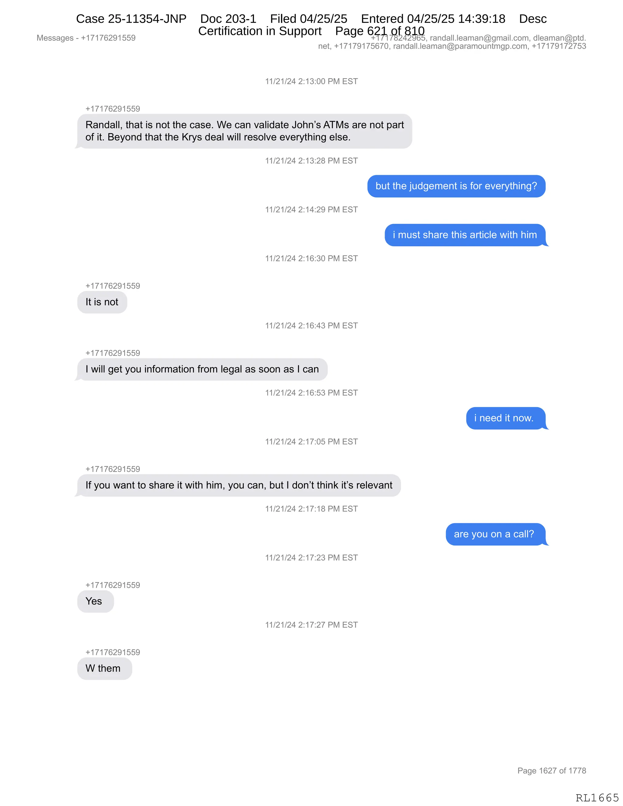 Daryl Heller Bankruptcy Court Filing (text messages and transcripts)