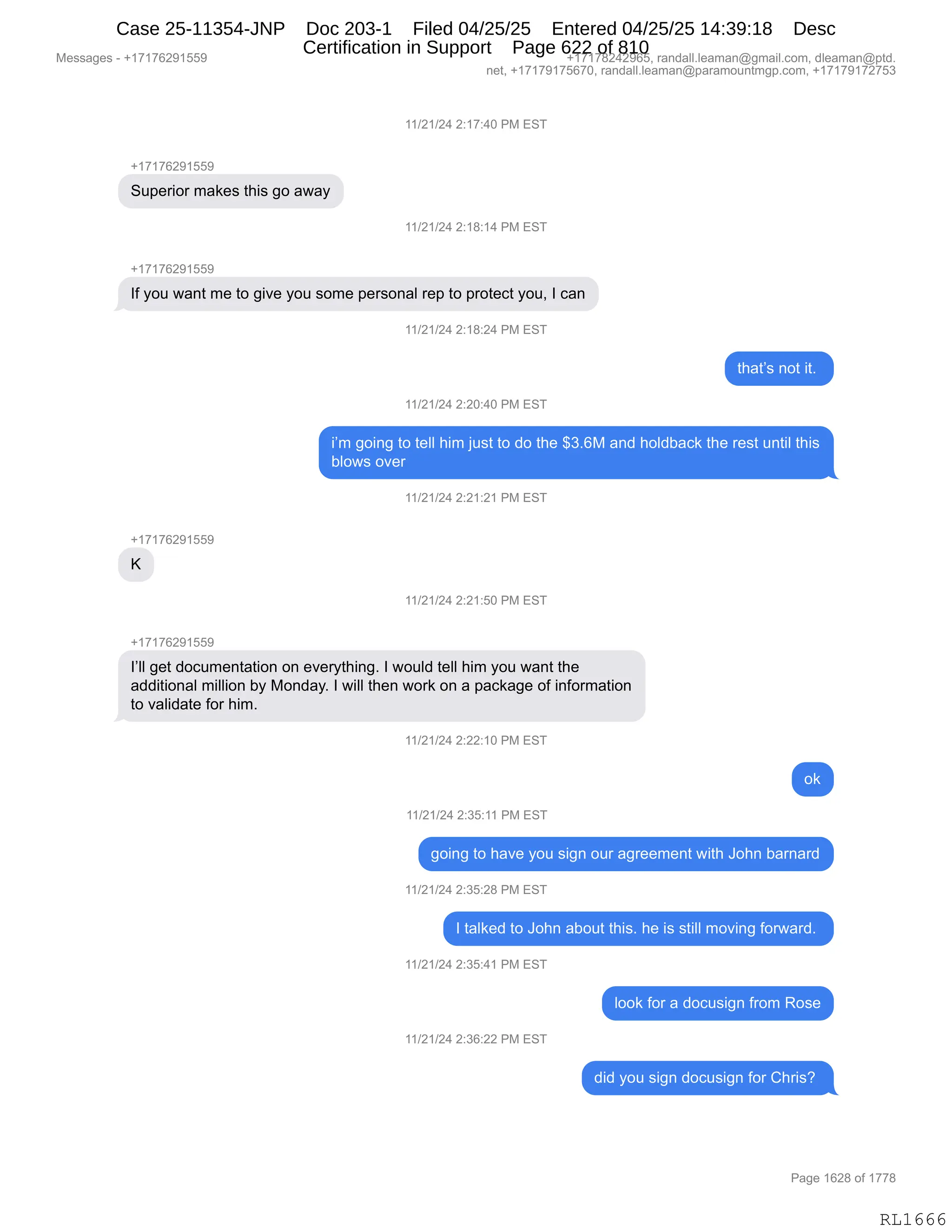 Daryl Heller Bankruptcy Court Filing (text messages and transcripts)