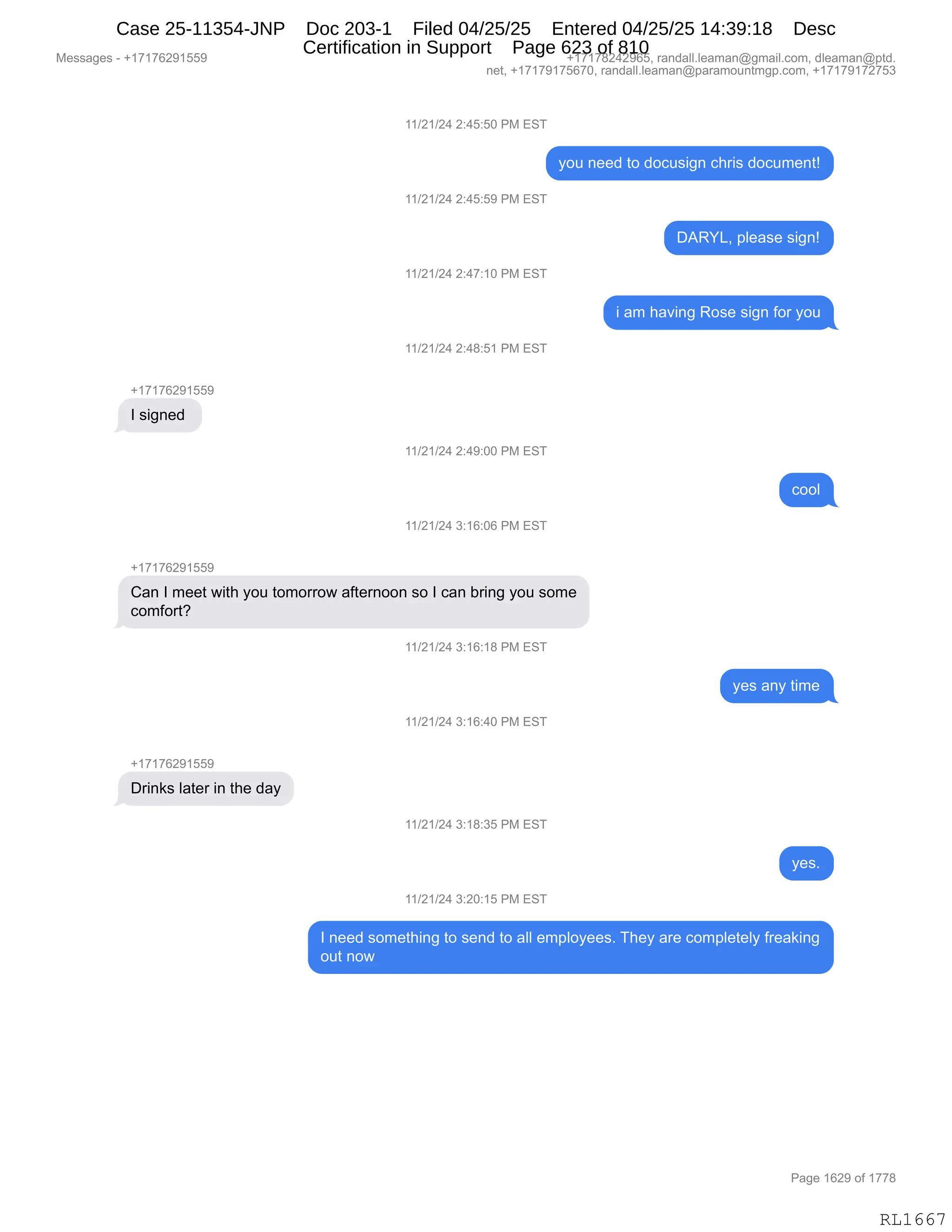 Daryl Heller Bankruptcy Court Filing (text messages and transcripts)