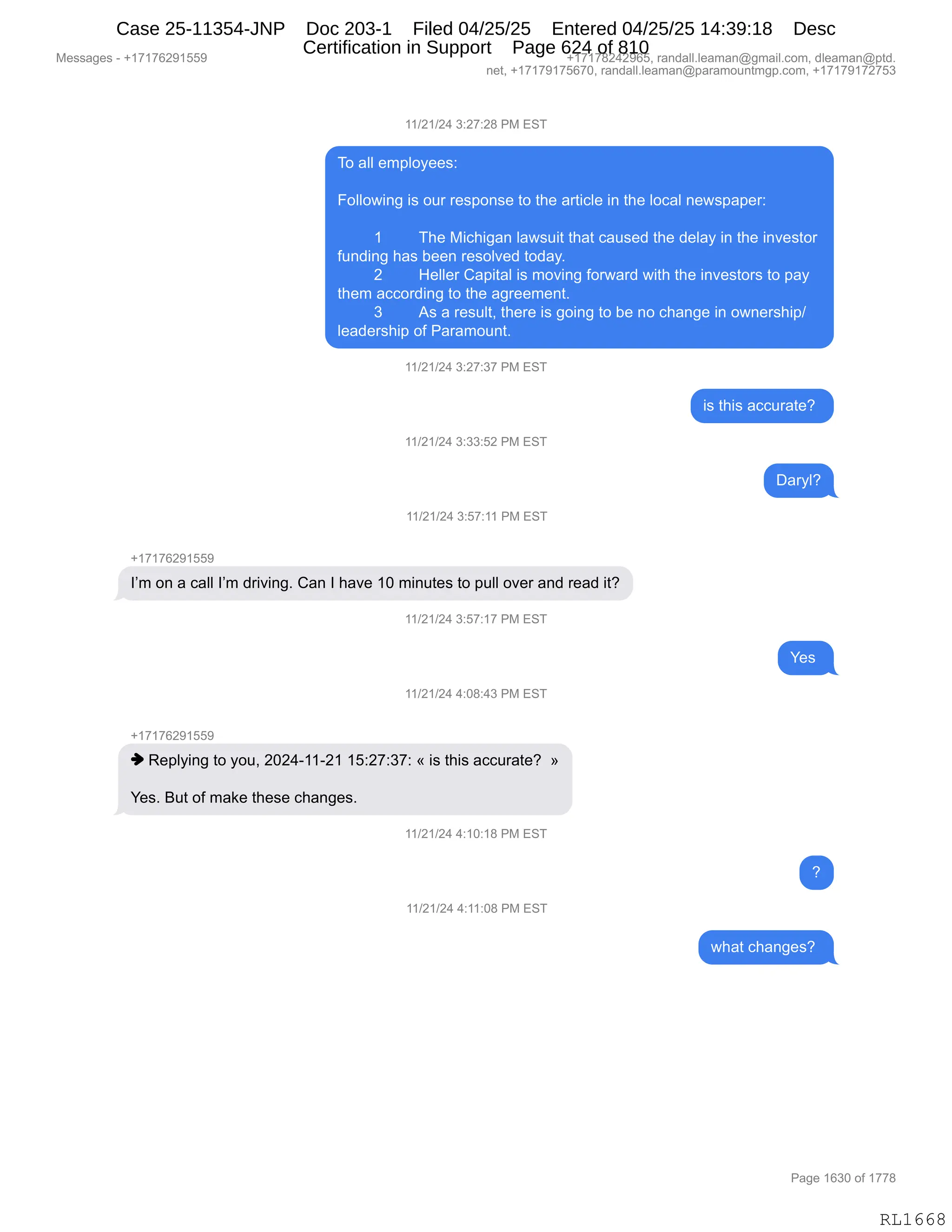 Daryl Heller Bankruptcy Court Filing (text messages and transcripts)