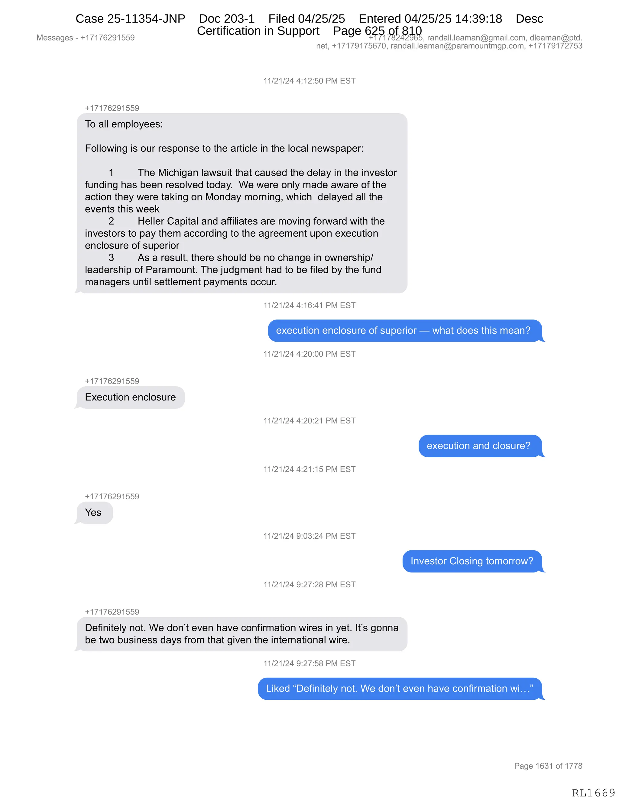 Daryl Heller Bankruptcy Court Filing (text messages and transcripts)