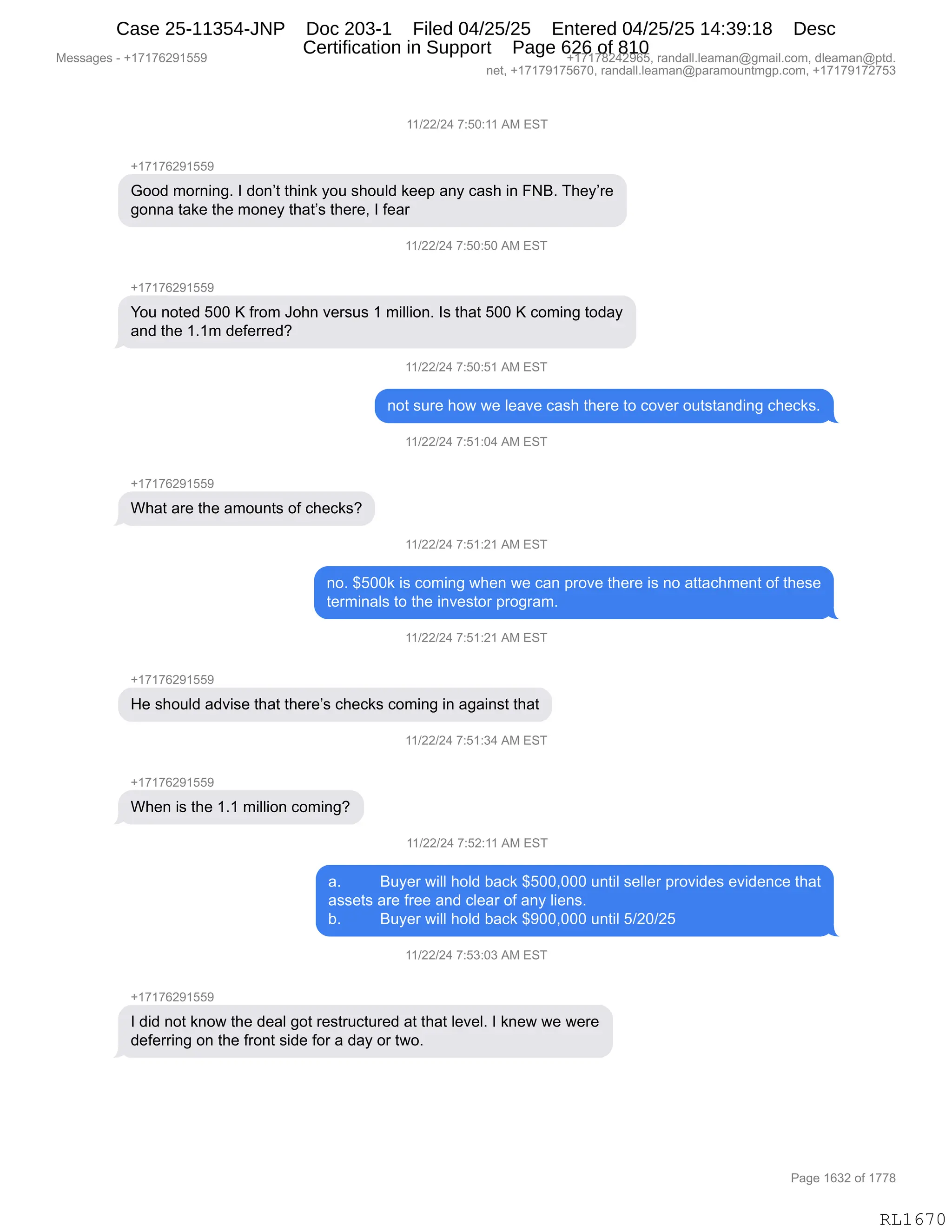 Daryl Heller Bankruptcy Court Filing (text messages and transcripts)