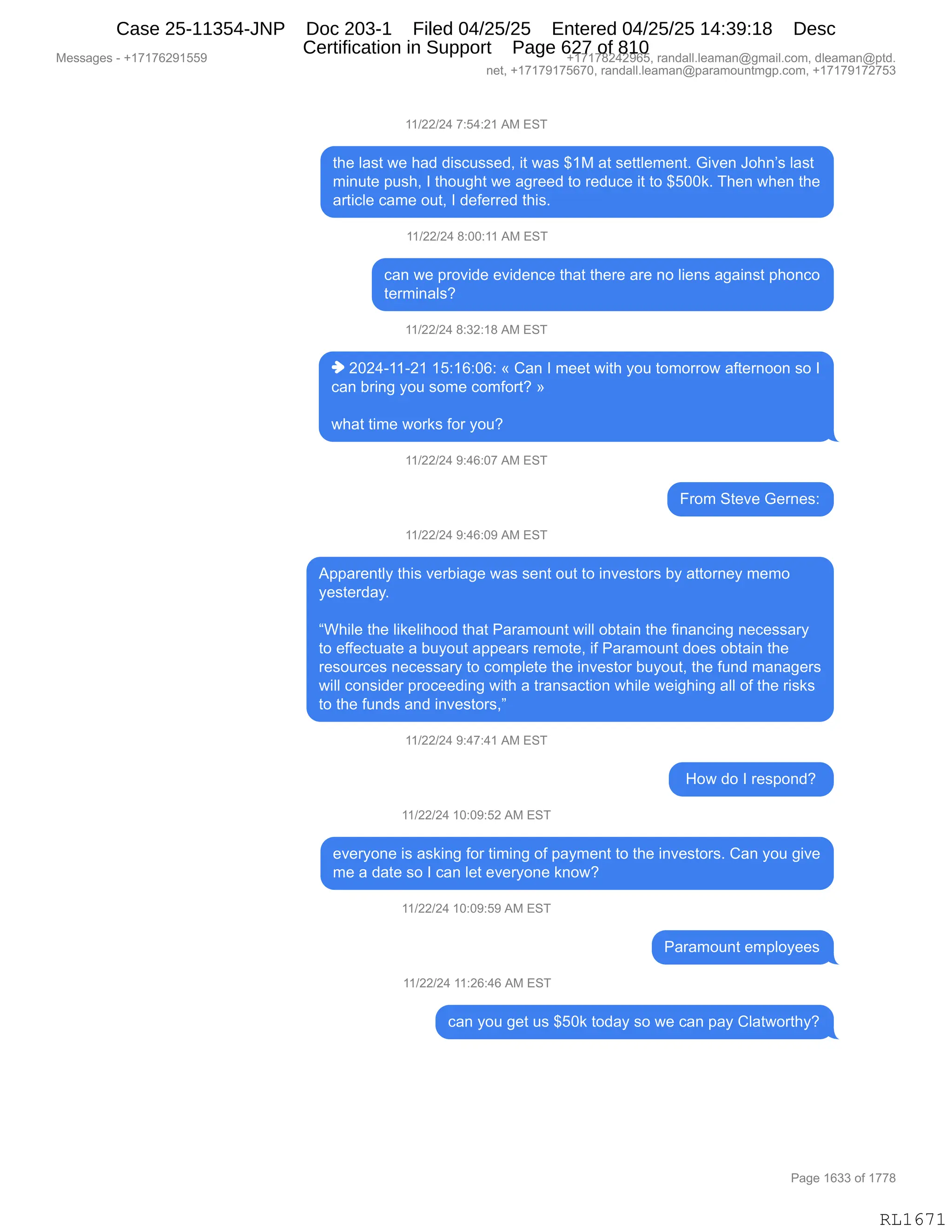 Daryl Heller Bankruptcy Court Filing (text messages and transcripts)