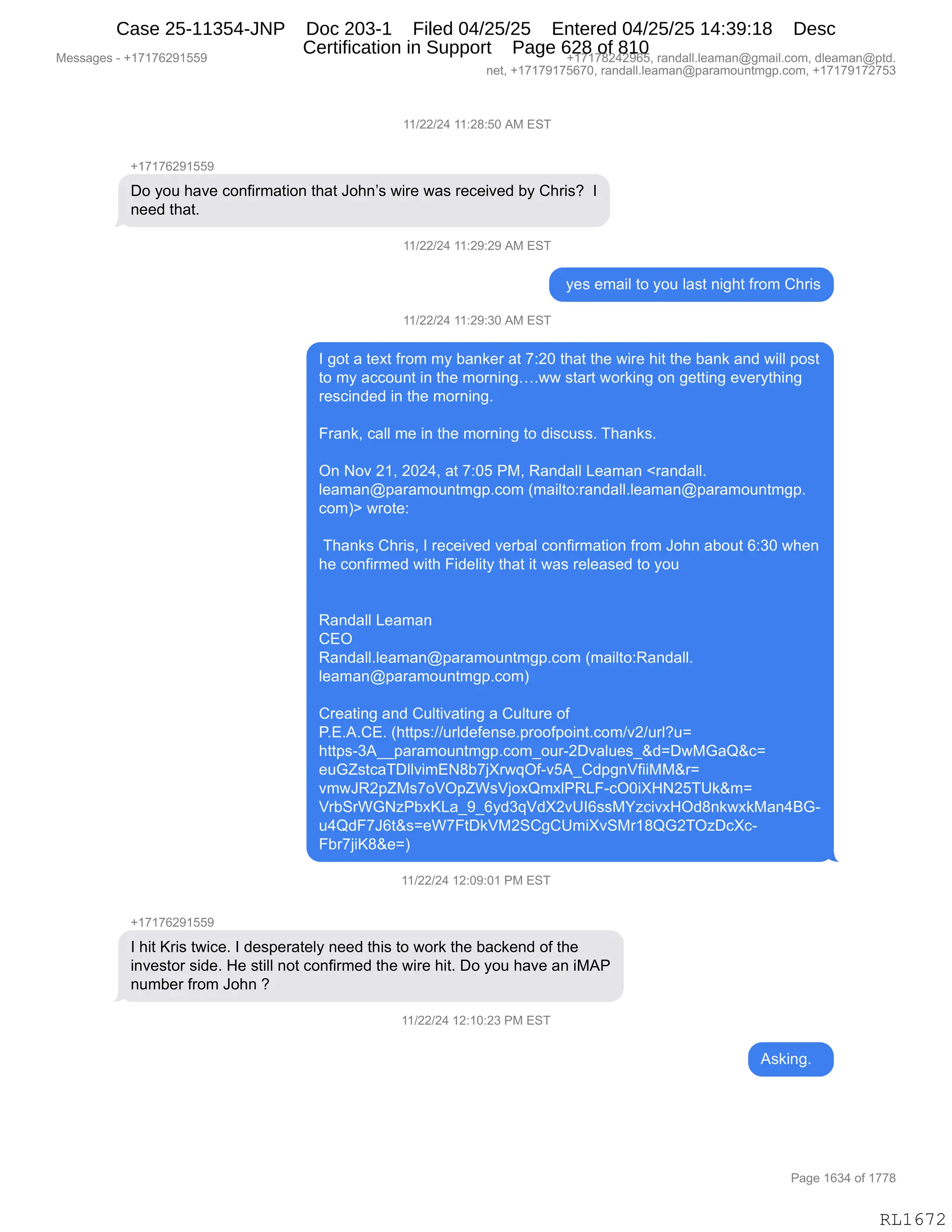 Daryl Heller Bankruptcy Court Filing (text messages and transcripts)