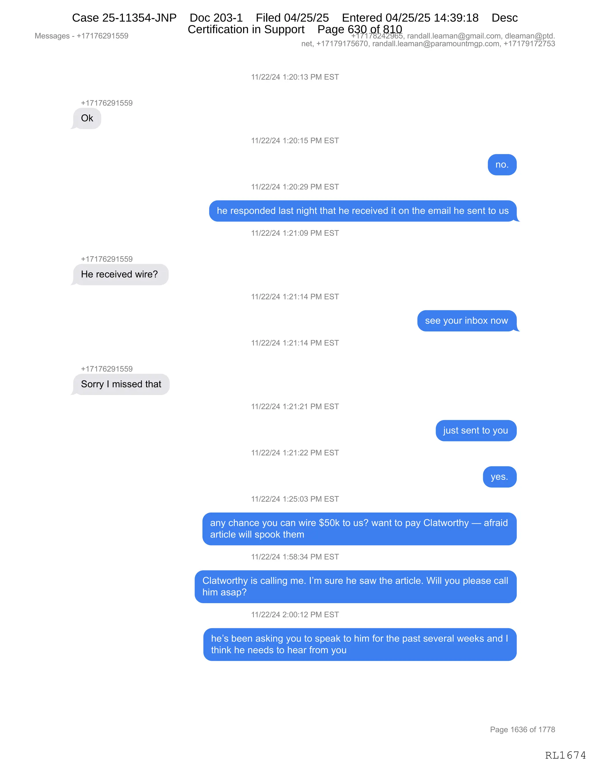 Daryl Heller Bankruptcy Court Filing (text messages and transcripts)