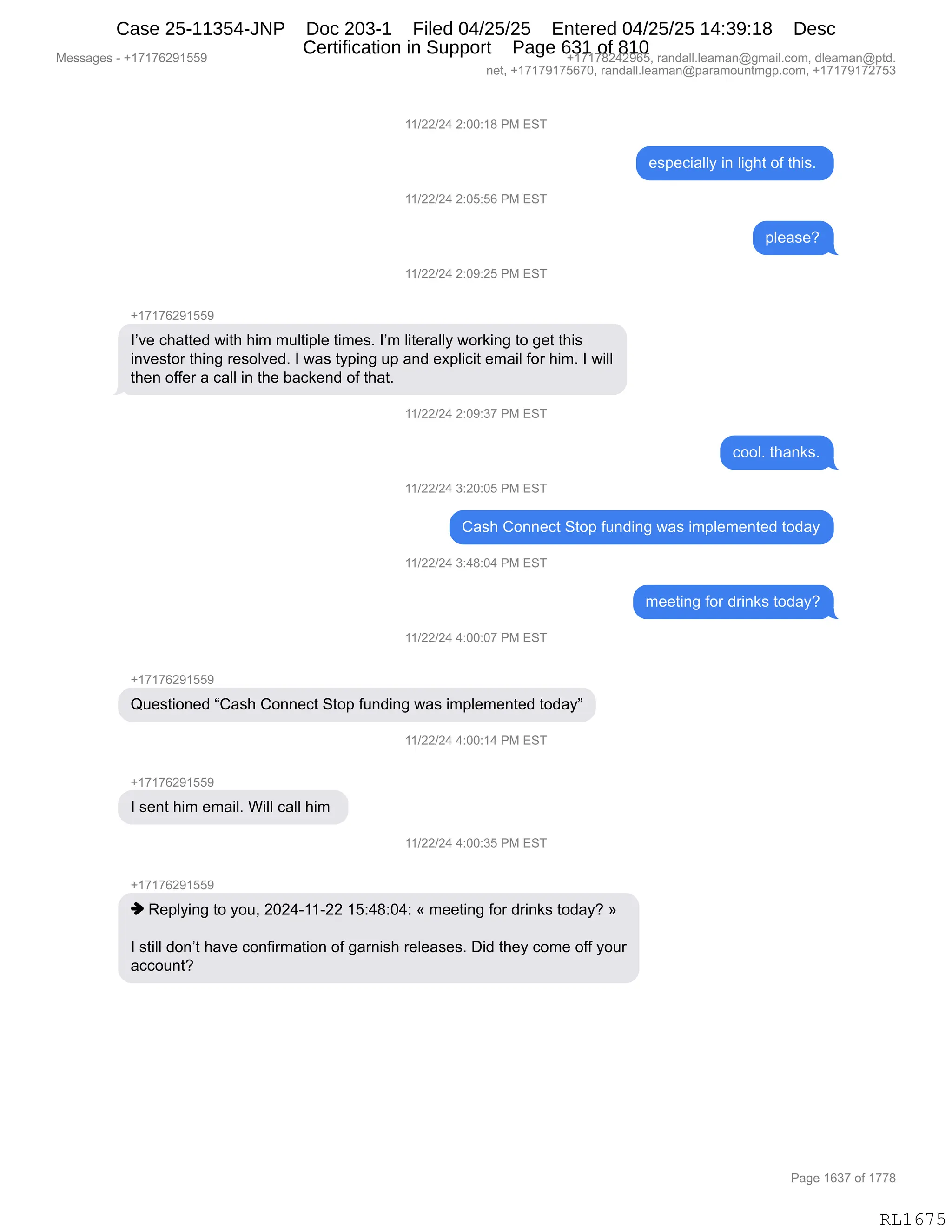 Daryl Heller Bankruptcy Court Filing (text messages and transcripts)