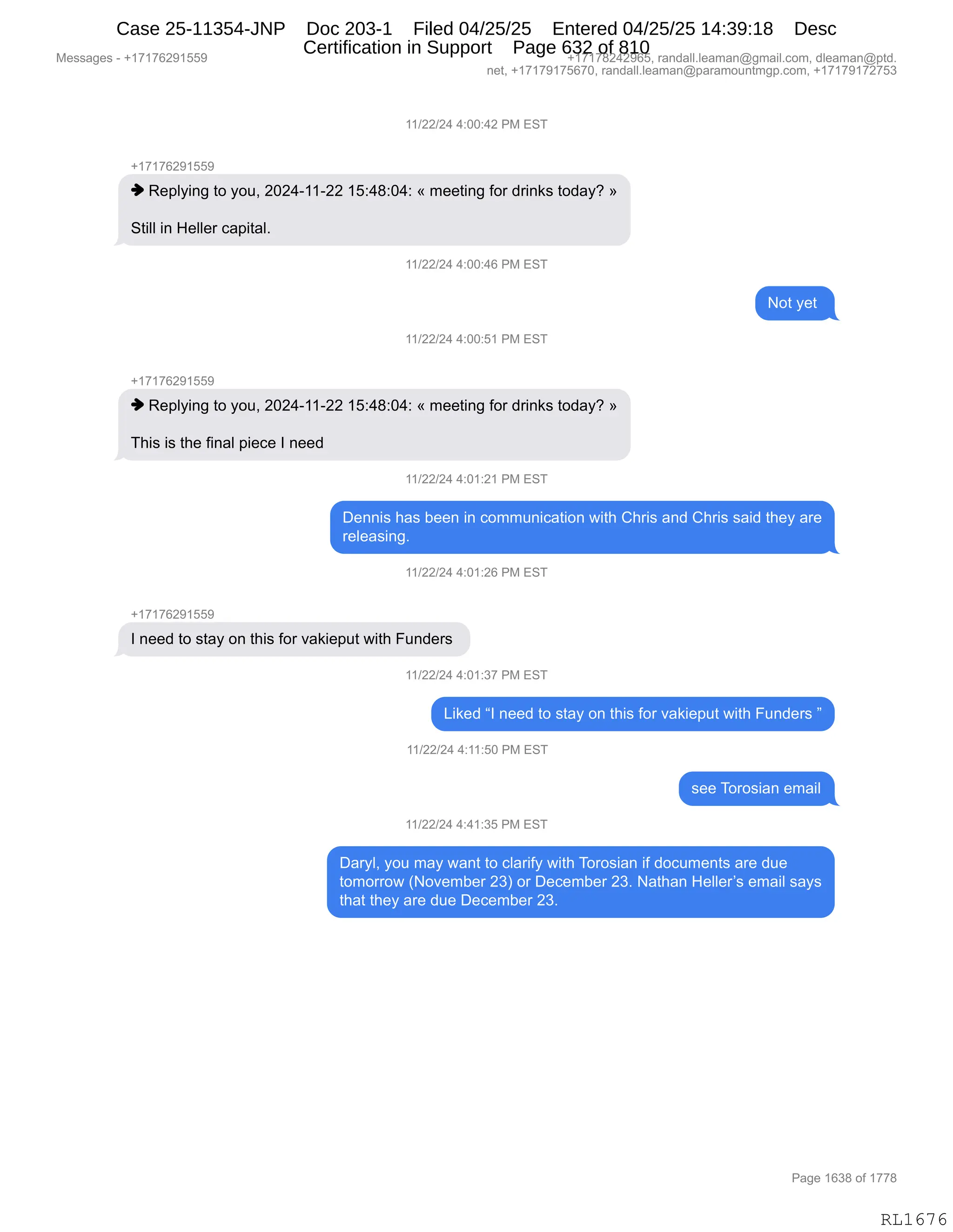 Daryl Heller Bankruptcy Court Filing (text messages and transcripts)