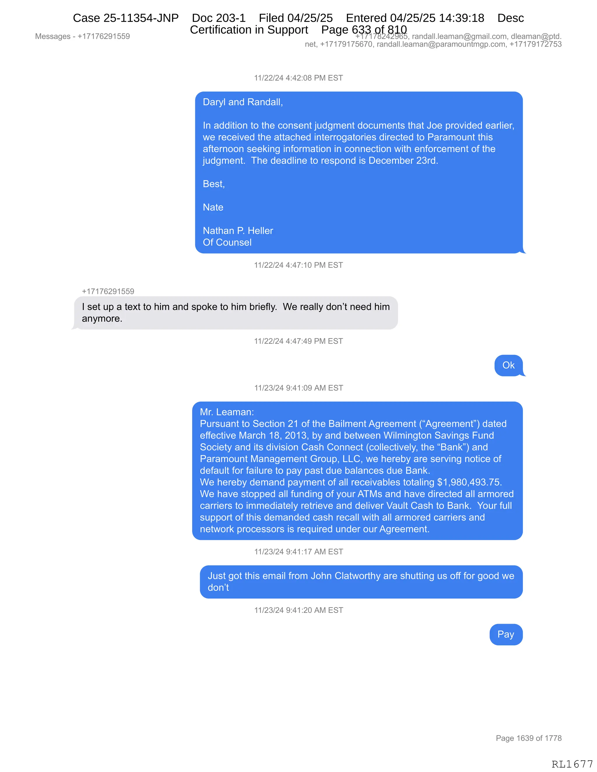 Daryl Heller Bankruptcy Court Filing (text messages and transcripts)