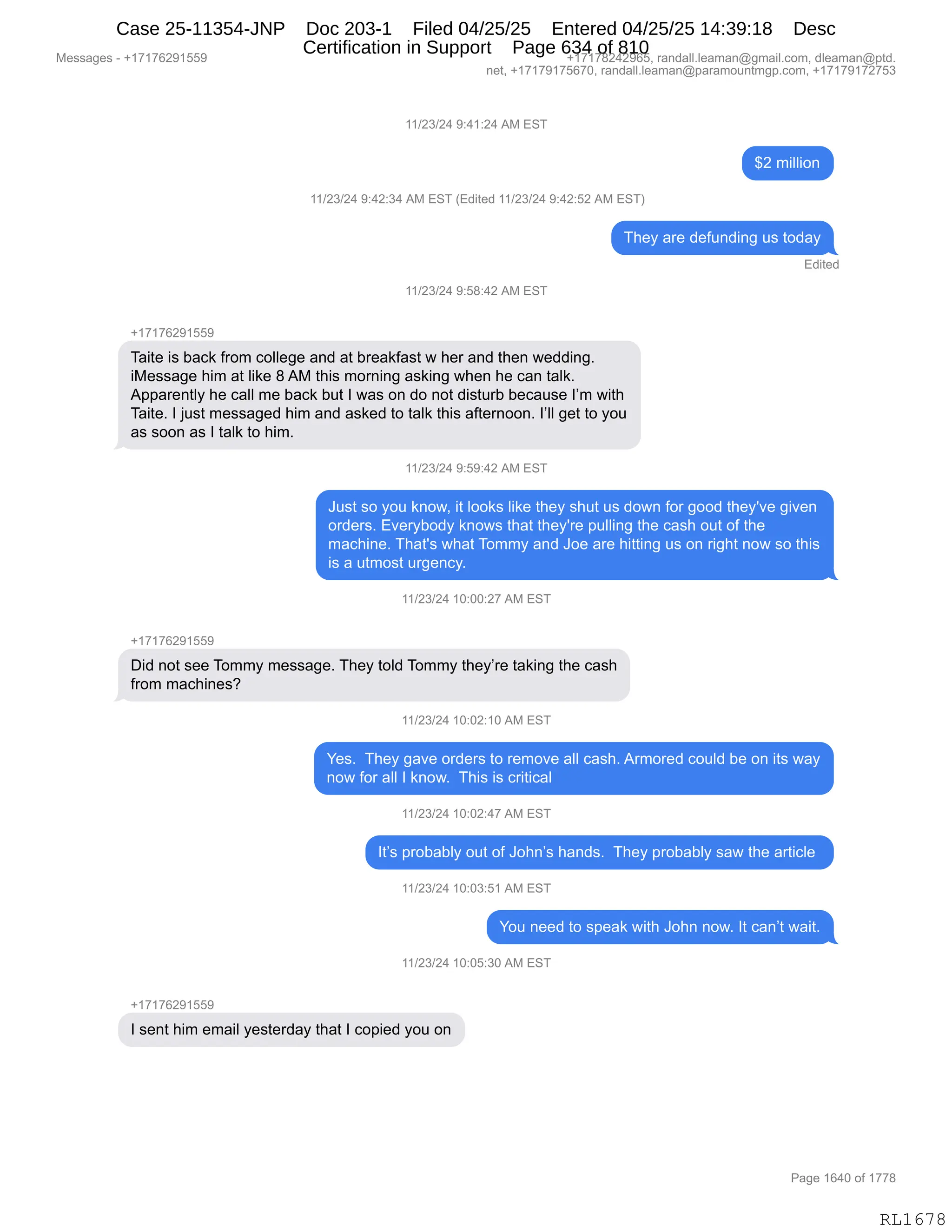 Daryl Heller Bankruptcy Court Filing (text messages and transcripts)