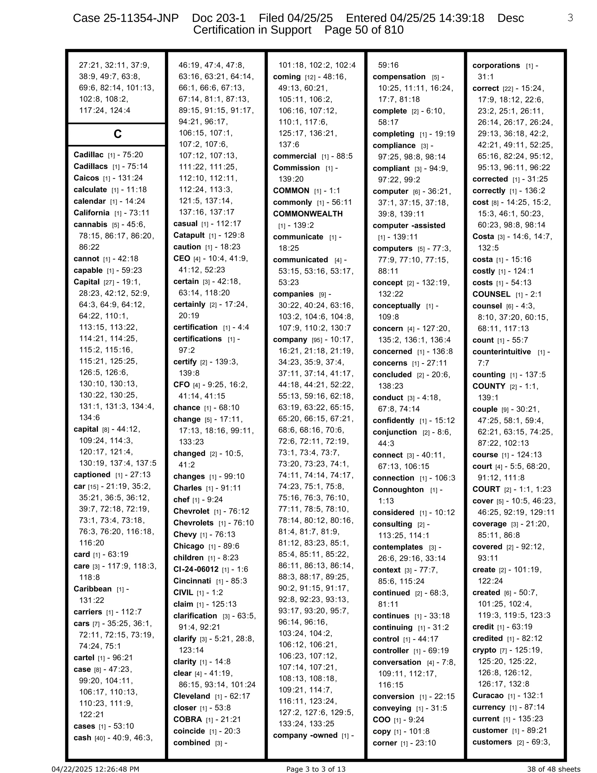 04/22/2025 12:26:48 PM Page 3 to 3 of 13 38 of 48 sheets
27:21, 32:11, 37:9,
38:9, 49:7, 63:8,
69:6, 82:14, 101:13,
102:8, 108:2,
117:24, 124:4
C
Cadillac [1] - 75:20
Cadillacs [1] - 75:14
Caicos [1] - 131:24
calculate [1] - 11:18
calendar [1] - 14:24
California [1] - 73:11
cannabis [5] - 45:6,
78:15, 86:17, 86:20,
86:22
cannot [1] - 42:18
capable [1] - 59:23
Capital [27] - 19:1,
28:23, 42:12, 52:9,
64:3, 64:9, 64:12,
64:22, 110:1,
113:15, 113:22,
114:21, 114:25,
115:2, 115:16,
115:21, 125:25,
126:5, 126:6,
130:10, 130:13,
130:22, 130:25,
131:1, 131:3, 134:4,
134:6
capital [8] - 44:12,
109:24, 114:3,
120:17, 121:4,
130:19, 137:4, 137:5
captioned [1] - 27:13
car [15] - 21:19, 35:2,
35:21, 36:5, 36:12,
39:7, 72:18, 72:19,
73:1, 73:4, 73:18,
76:3, 76:20, 116:18,
116:20
card [1] - 63:19
care [3] - 117:9, 118:3,
118:8
Caribbean [1] -
131:22
carriers [1] - 112:7
cars [7] - 35:25, 36:1,
72:11, 72:15, 73:19,
74:24, 75:1
cartel [1] - 96:21
case [8] - 47:23,
99:20, 104:11,
106:17, 110:13,
110:23, 111:9,
122:21
cases [1] - 53:10
cash [40] - 40:9, 46:3,
46:19, 47:4, 47:8,
63:16, 63:21, 64:14,
66:1, 66:6, 67:13,
67:14, 81:1, 87:13,
89:15, 91:15, 91:17,
94:21, 96:17,
106:15, 107:1,
107:2, 107:6,
107:12, 107:13,
111:22, 111:25,
112:10, 112:11,
112:24, 113:3,
121:5, 137:14,
137:16, 137:17
casual [1] - 112:17
Catapult [1] - 129:8
caution [1] - 18:23
CEO [4] - 10:4, 41:9,
41:12, 52:23
certain [3] - 42:18,
63:14, 118:20
certainly [2] - 17:24,
20:19
certification [1] - 4:4
certifications [1] -
97:2
certify [2] - 139:3,
139:8
CFO [4] - 9:25, 16:2,
41:14, 41:15
chance [1] - 68:10
change [5] - 17:11,
17:13, 18:16, 99:11,
133:23
changed [2] - 10:5,
41:2
changes [1] - 99:10
Charles [1] - 91:11
chef [1] - 9:24
Chevrolet [1] - 76:12
Chevrolets [1] - 76:10
Chevy [1] - 76:13
Chicago [1] - 89:6
children [1] - 8:23
CI-24-06012 [1] - 1:6
Cincinnati [1] - 85:3
CIVIL [1] - 1:2
claim [1] - 125:13
clarification [3] - 63:5,
91:4, 92:21
clarify [3] - 5:21, 28:8,
123:14
clarity [1] - 14:8
clear [4] - 41:19,
86:15, 93:14, 101:24
Cleveland [1] - 62:17
closer [1] - 53:8
COBRA [1] - 21:21
coincide [1] - 20:3
combined [3] -
101:18, 102:2, 102:4
coming [12] - 48:16,
49:13, 60:21,
105:11, 106:2,
106:16, 107:12,
110:1, 117:6,
125:17, 136:21,
137:6
commercial [1] - 88:5
Commission [1] -
139:20
COMMON [1] - 1:1
commonly [1] - 56:11
COMMONWEALTH
[1] - 139:2
communicate [1] -
18:25
communicated [4] -
53:15, 53:16, 53:17,
53:23
companies [9] -
30:22, 40:24, 63:16,
103:2, 104:6, 104:8,
107:9, 110:2, 130:7
company [95] - 10:17,
16:21, 21:18, 21:19,
34:23, 35:9, 37:4,
37:11, 37:14, 41:17,
44:18, 44:21, 52:22,
55:13, 59:16, 62:18,
63:19, 63:22, 65:15,
65:20, 66:15, 67:21,
68:6, 68:16, 70:6,
72:6, 72:11, 72:19,
73:1, 73:4, 73:7,
73:20, 73:23, 74:1,
74:11, 74:14, 74:17,
74:23, 75:1, 75:8,
75:16, 76:3, 76:10,
77:11, 78:5, 78:10,
78:14, 80:12, 80:16,
81:4, 81:7, 81:9,
81:12, 83:23, 85:1,
85:4, 85:11, 85:22,
86:11, 86:13, 86:14,
88:3, 88:17, 89:25,
90:2, 91:15, 91:17,
92:8, 92:23, 93:13,
93:17, 93:20, 95:7,
96:14, 96:16,
103:24, 104:2,
106:12, 106:21,
106:23, 107:12,
107:14, 107:21,
108:13, 108:18,
109:21, 114:7,
116:11, 123:24,
127:2, 127:6, 129:5,
133:24, 133:25
company -owned [1] -
59:16
compensation [5] -
10:25, 11:11, 16:24,
17:7, 81:18
complete [2] - 6:10,
58:17
completing [1] - 19:19
compliance [3] -
97:25, 98:8, 98:14
compliant [3] - 94:9,
97:22, 99:2
computer [6] - 36:21,
37:1, 37:15, 37:18,
39:8, 139:11
computer -assisted
[1] - 139:11
computers [5] - 77:3,
77:9, 77:10, 77:15,
88:11
concept [2] - 132:19,
132:22
conceptually [1] -
109:8
concern [4] - 127:20,
135:2, 136:1, 136:4
concerned [1] - 136:8
concerns [1] - 27:11
concluded [2] - 20:6,
138:23
conduct [3] - 4:18,
67:8, 74:14
confidently [1] - 15:12
conjunction [2] - 8:6,
44:3
connect [3] - 40:11,
67:13, 106:15
connection [1] - 106:3
Connoughton [1] -
1:13
considered [1] - 10:12
consulting [2] -
113:25, 114:1
contemplates [3] -
26:6, 29:16, 33:14
context [3] - 77:7,
85:6, 115:24
continued [2] - 68:3,
81:11
continues [1] - 33:18
continuing [1] - 31:2
control [1] - 44:17
controller [1] - 69:19
conversation [4] - 7:8,
109:11, 112:17,
116:15
conversion [1] - 22:15
conveying [1] - 31:5
COO [1] - 9:24
copy [1] - 101:8
corner [1] - 23:10
3
corporations [1] -
31:1
correct [22] - 15:24,
17:9, 18:12, 22:6,
23:2, 25:1, 26:11,
26:14, 26:17, 26:24,
29:13, 36:18, 42:2,
42:21, 49:11, 52:25,
65:16, 82:24, 95:12,
95:13, 96:11, 96:22
corrected [1] - 31:25
correctly [1] - 136:2
cost [8] - 14:25, 15:2,
15:3, 46:1, 50:23,
60:23, 98:8, 98:14
Costa [3] - 14:6, 14:7,
132:5
costa [1] - 15:16
costly [1] - 124:1
costs [1] - 54:13
COUNSEL [1] - 2:1
counsel [6] - 4:3,
8:10, 37:20, 60:15,
68:11, 117:13
count [1] - 55:7
counterintuitive [1] -
7:7
counting [1] - 137:5
COUNTY [2] - 1:1,
139:1
couple [9] - 30:21,
47:25, 58:1, 59:4,
62:21, 63:15, 74:25,
87:22, 102:13
course [1] - 124:13
court [4] - 5:5, 68:20,
91:12, 111:8
COURT [2] - 1:1, 1:23
cover [5] - 10:5, 46:23,
46:25, 92:19, 129:11
coverage [3] - 21:20,
85:11, 86:8
covered [2] - 92:12,
93:11
create [2] - 101:19,
122:24
created [6] - 50:7,
101:25, 102:4,
119:3, 119:5, 123:3
credit [1] - 63:19
credited [1] - 82:12
crypto [7] - 125:19,
125:20, 125:22,
126:8, 126:12,
126:17, 132:8
Curacao [1] - 132:1
currency [1] - 87:14
current [1] - 135:23
customer [1] - 89:21
customers [2] - 69:3,
Case 25-11354-JNP Doc 203-1 Filed 04/25/25 Entered 04/25/25 14:39:18 Desc
Certification in Support Page 50 of 810
 