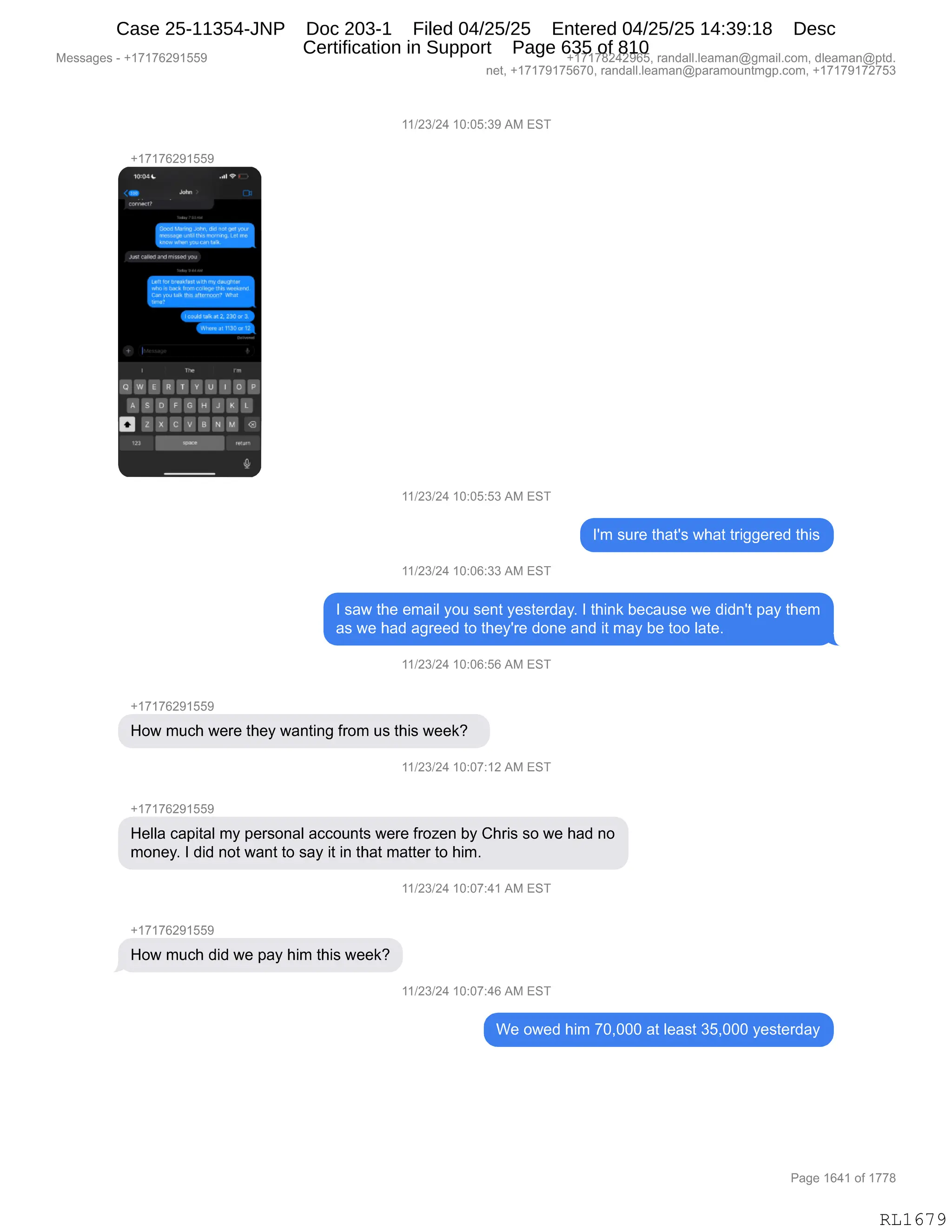 Daryl Heller Bankruptcy Court Filing (text messages and transcripts)