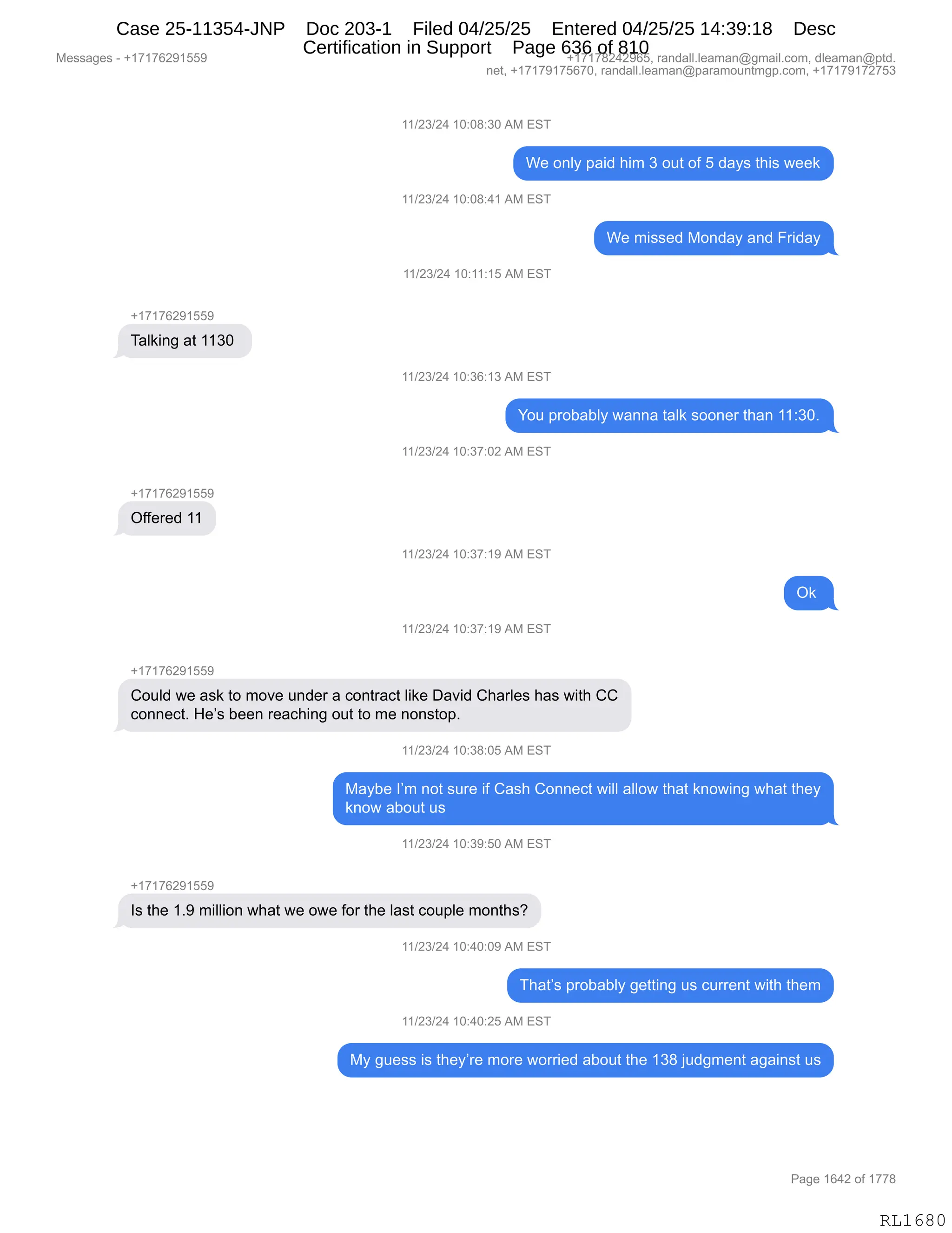 Daryl Heller Bankruptcy Court Filing (text messages and transcripts)