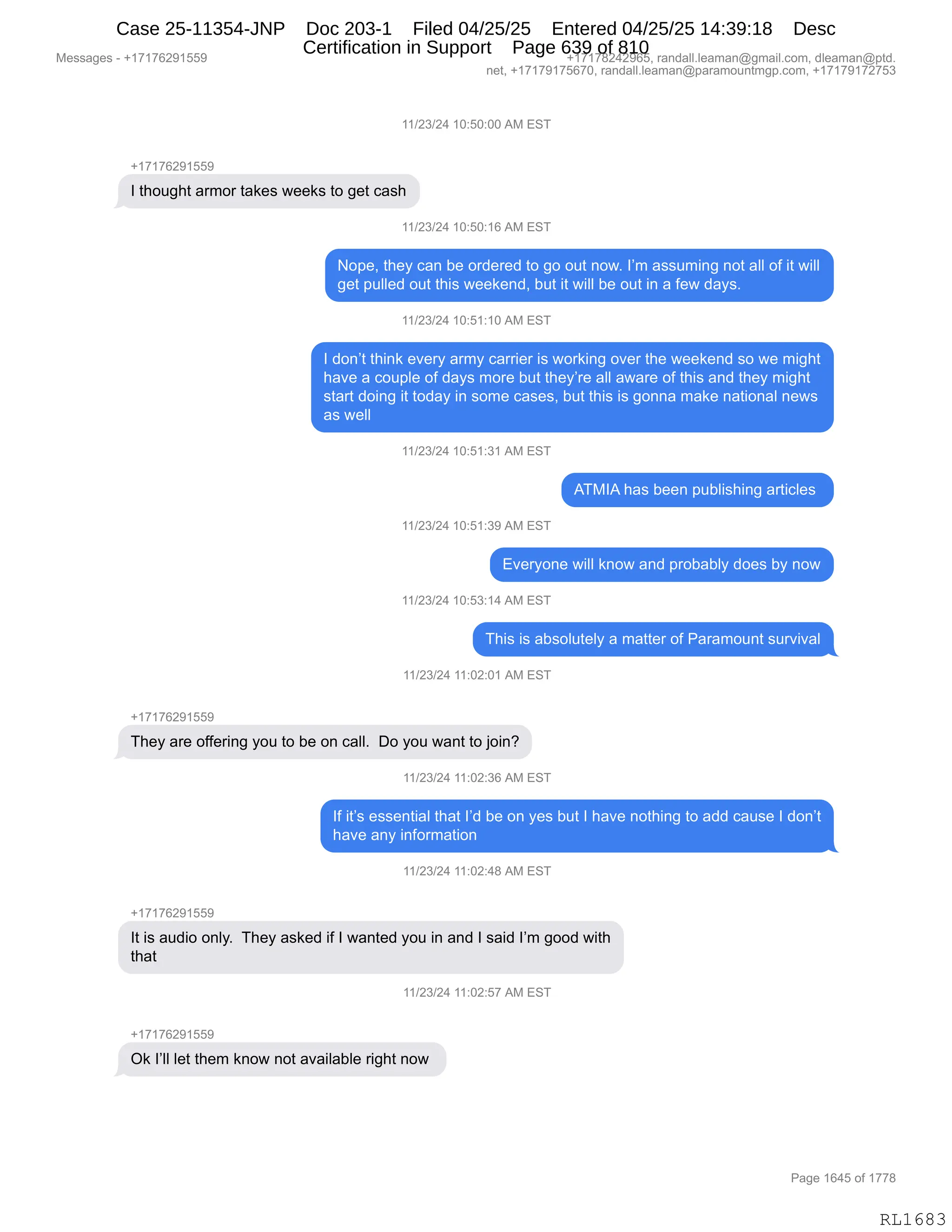 Daryl Heller Bankruptcy Court Filing (text messages and transcripts)