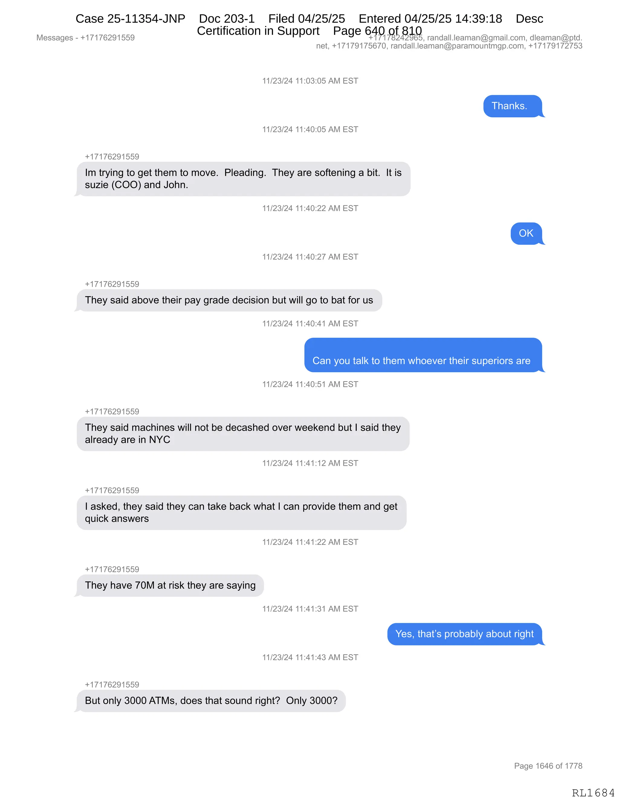 Daryl Heller Bankruptcy Court Filing (text messages and transcripts)