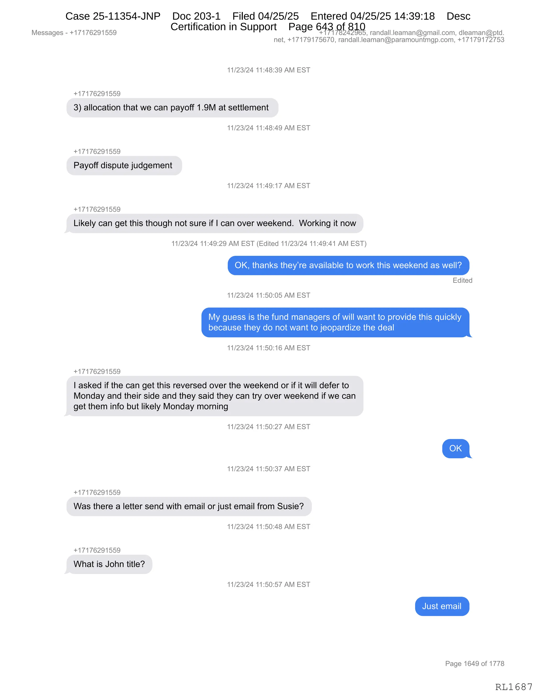 Daryl Heller Bankruptcy Court Filing (text messages and transcripts)