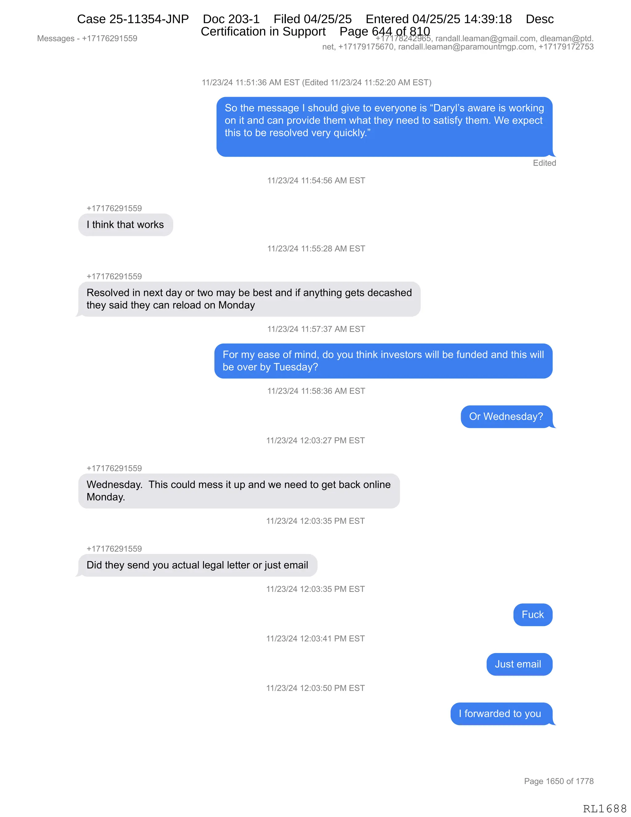 Daryl Heller Bankruptcy Court Filing (text messages and transcripts)