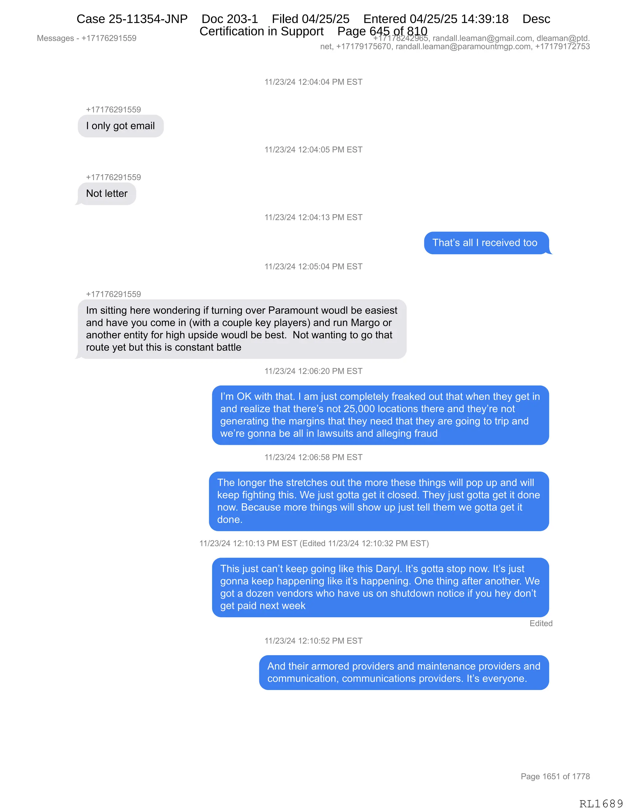 Daryl Heller Bankruptcy Court Filing (text messages and transcripts)