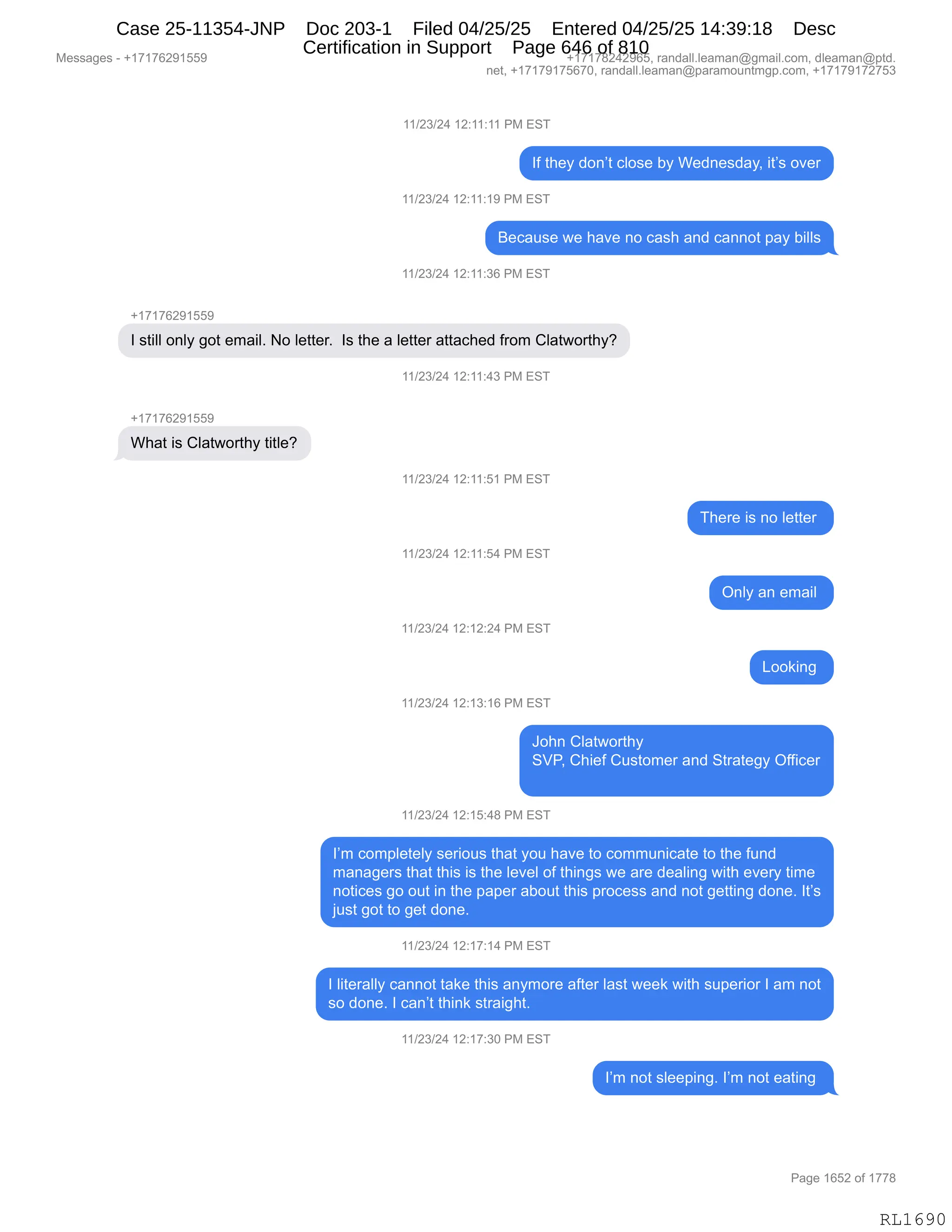 Daryl Heller Bankruptcy Court Filing (text messages and transcripts)