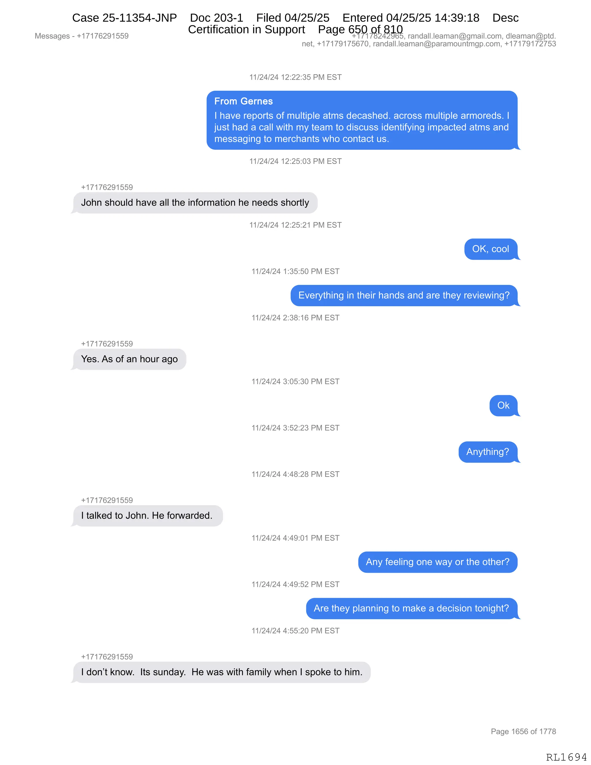 Daryl Heller Bankruptcy Court Filing (text messages and transcripts)