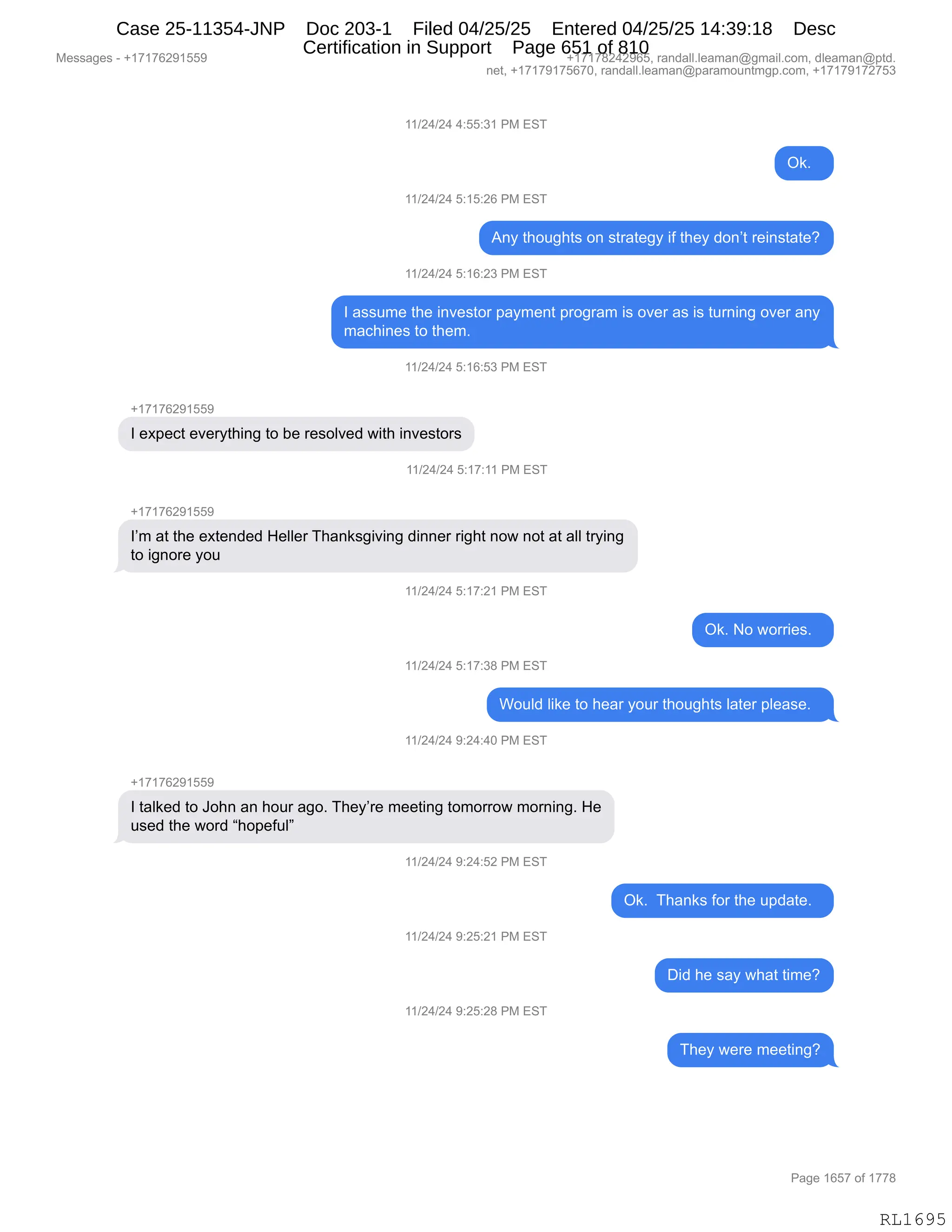 Daryl Heller Bankruptcy Court Filing (text messages and transcripts)