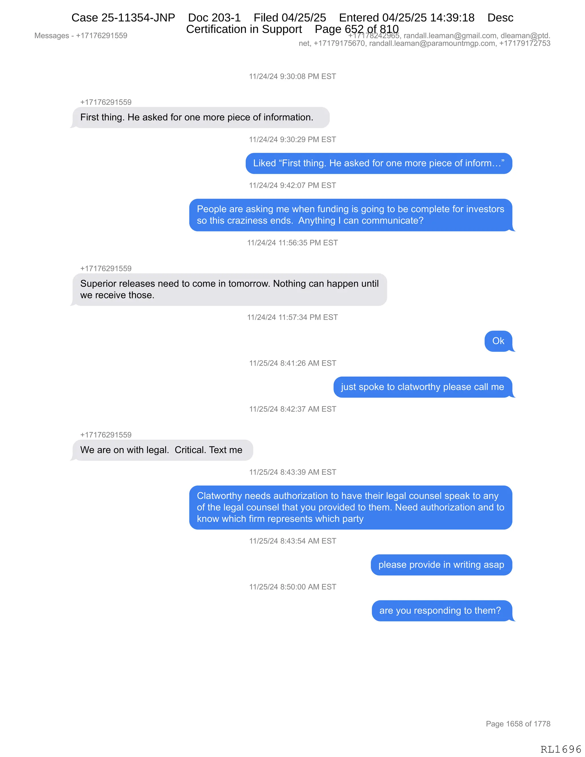 Daryl Heller Bankruptcy Court Filing (text messages and transcripts)