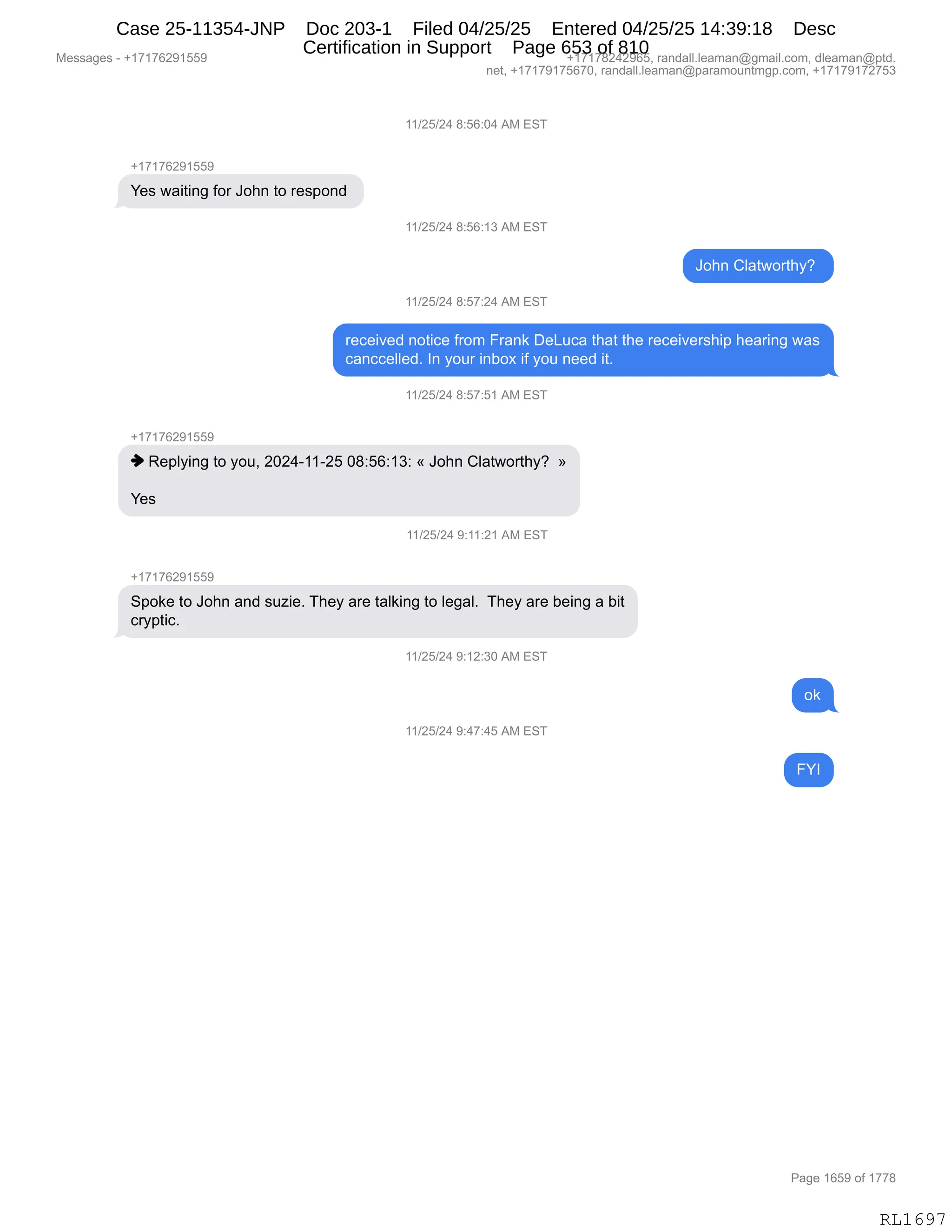 Daryl Heller Bankruptcy Court Filing (text messages and transcripts)