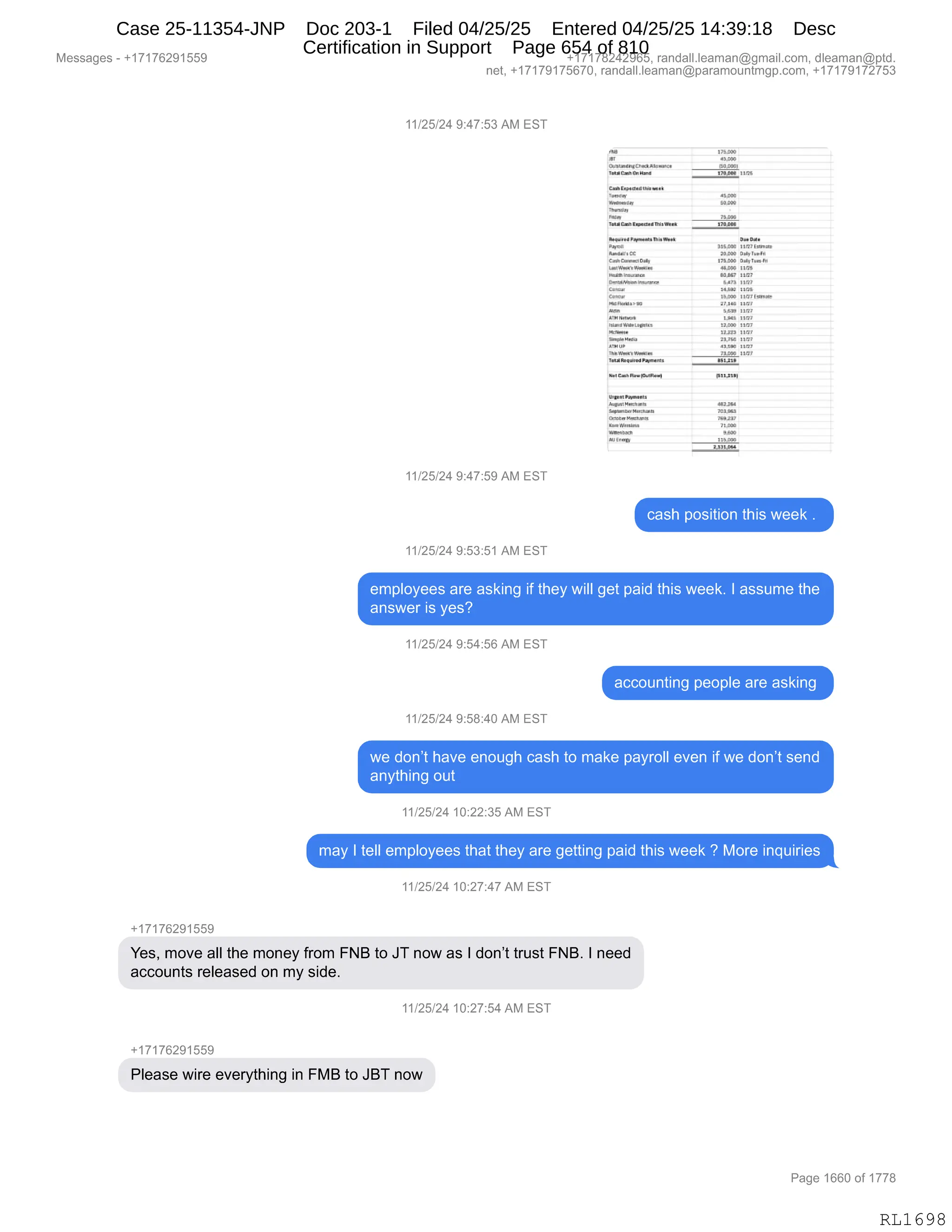 Daryl Heller Bankruptcy Court Filing (text messages and transcripts)