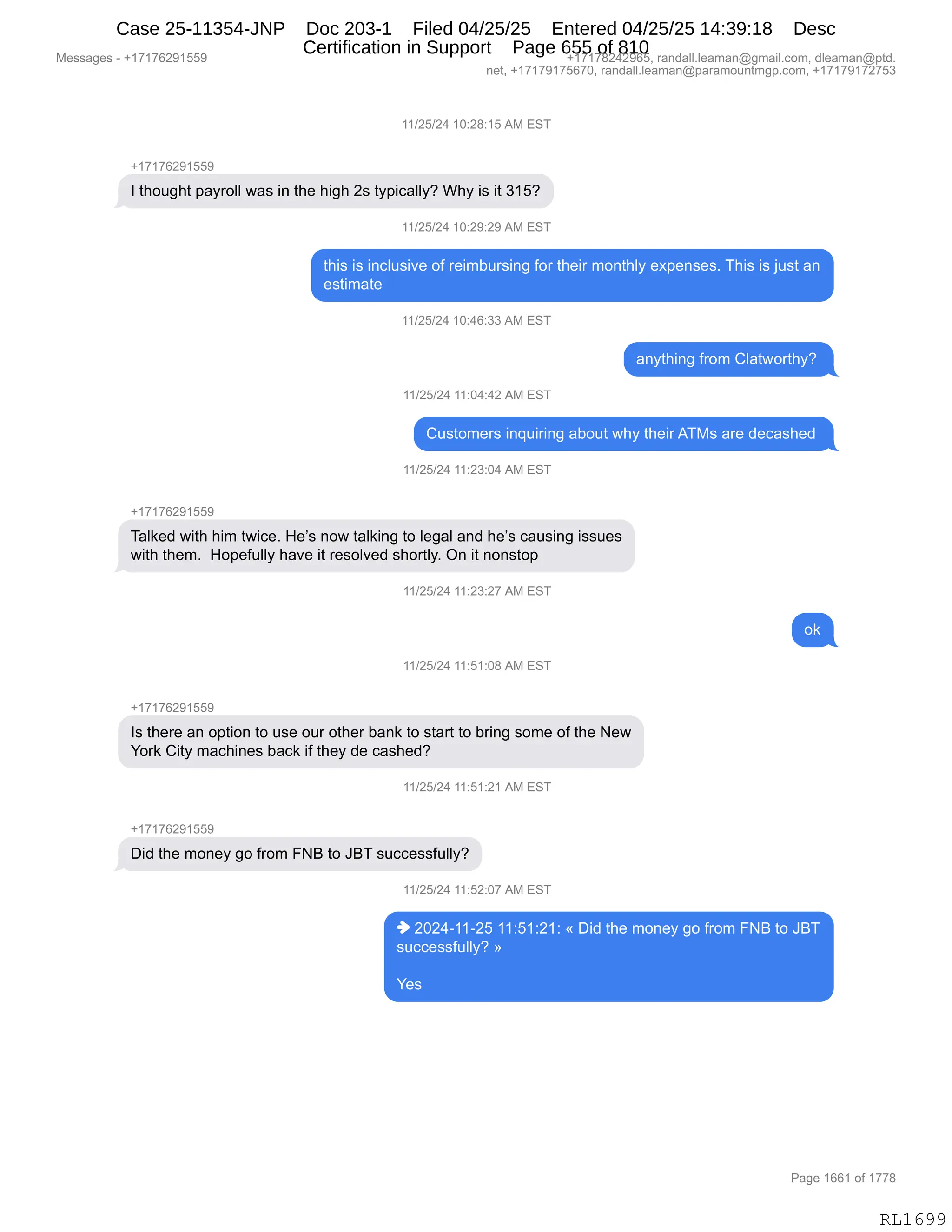 Daryl Heller Bankruptcy Court Filing (text messages and transcripts)