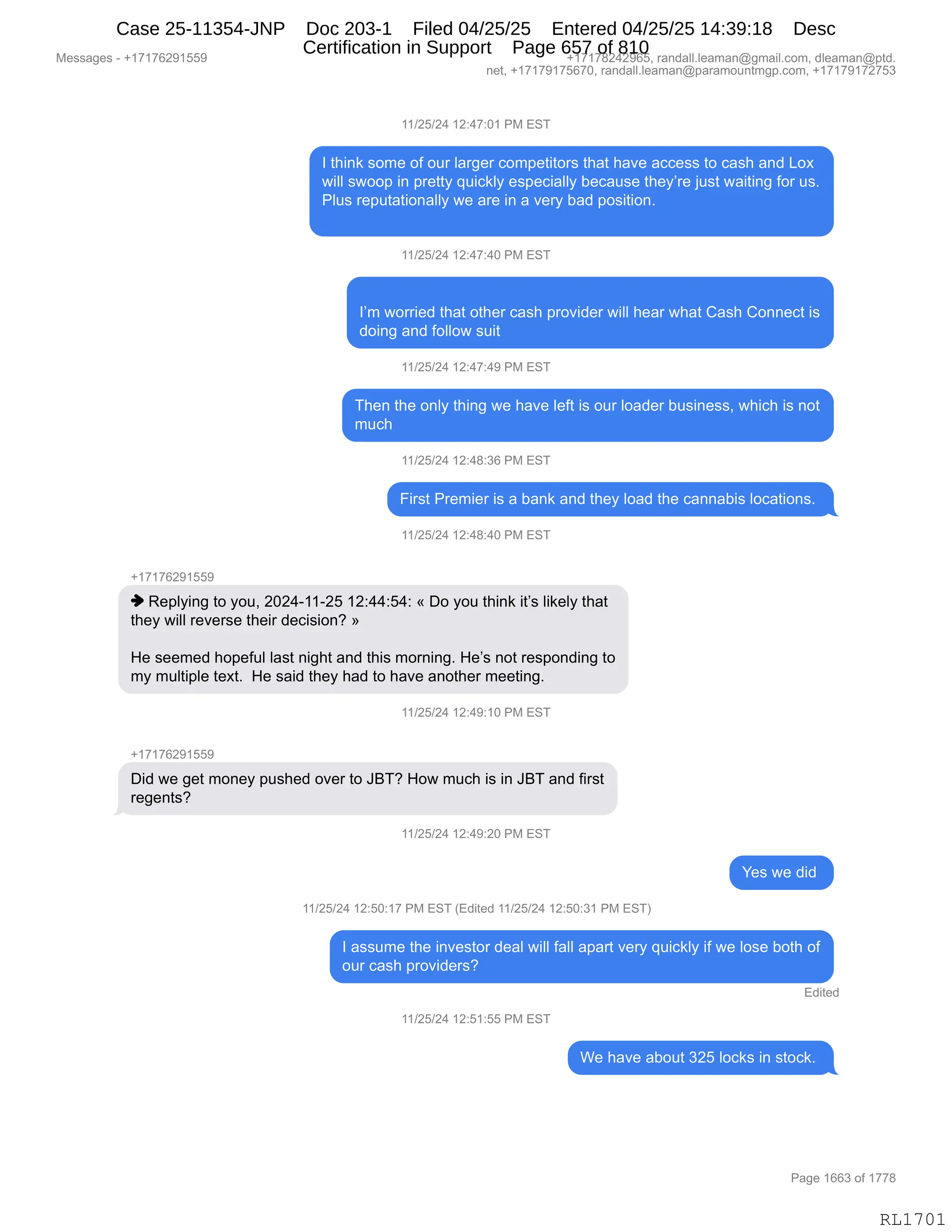 Daryl Heller Bankruptcy Court Filing (text messages and transcripts)