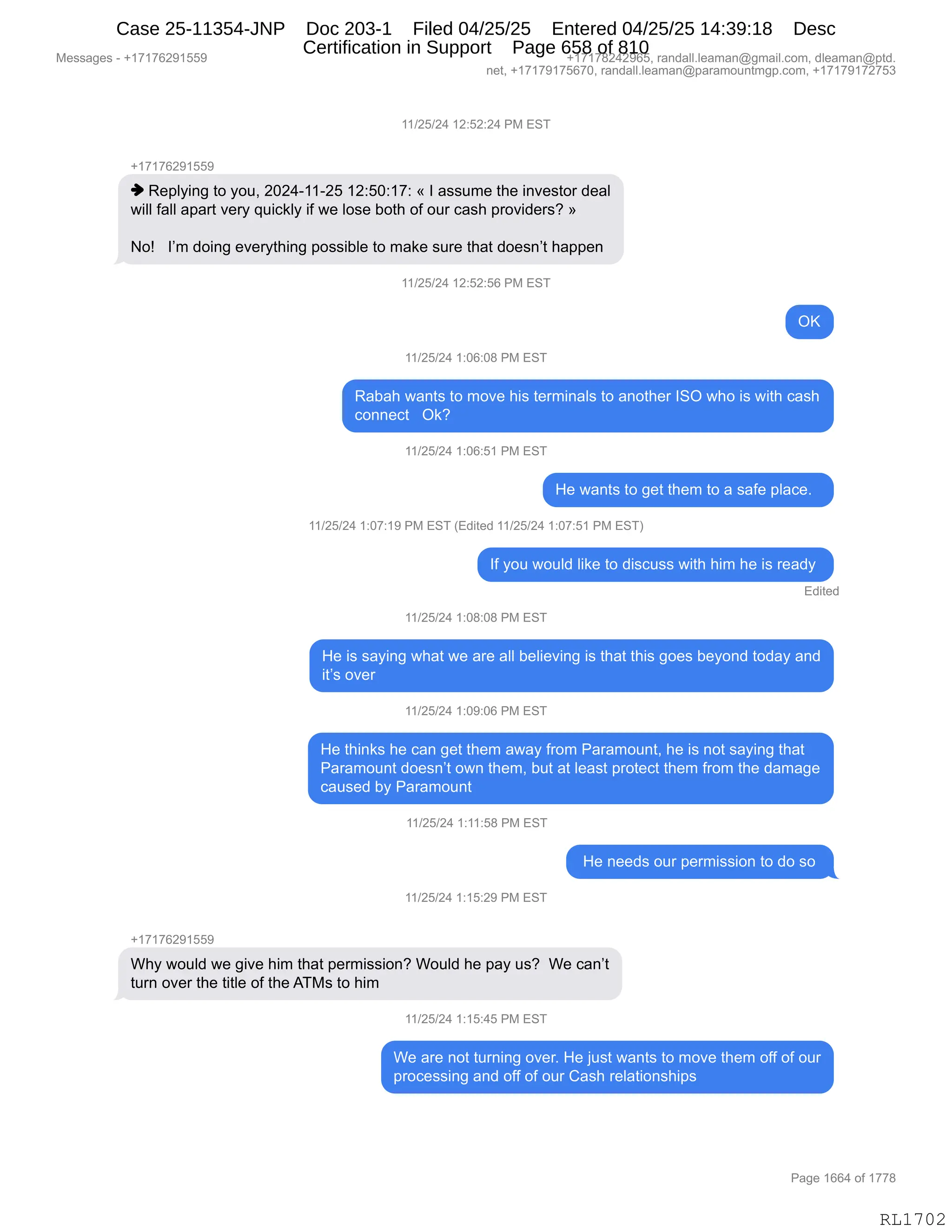 Daryl Heller Bankruptcy Court Filing (text messages and transcripts)