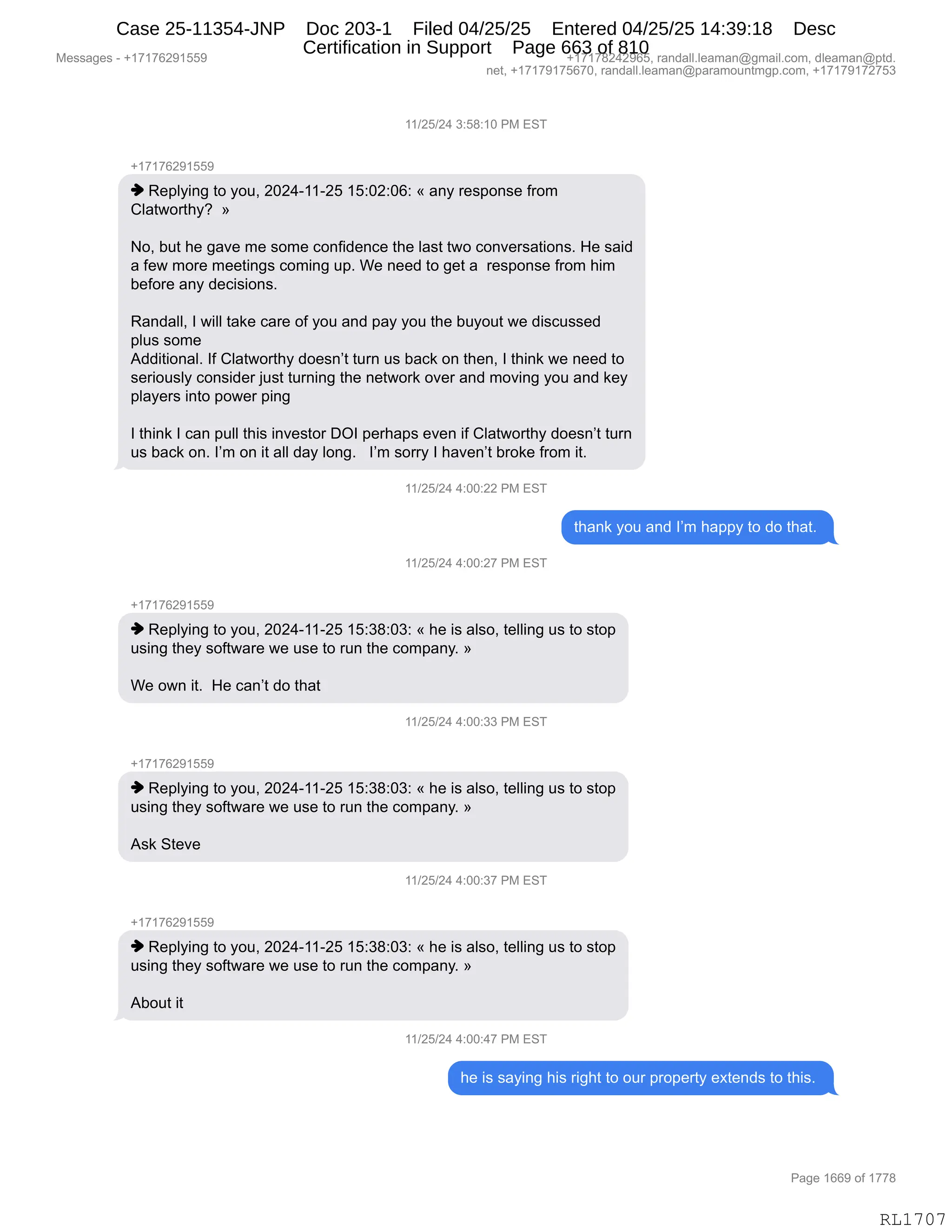 Daryl Heller Bankruptcy Court Filing (text messages and transcripts)