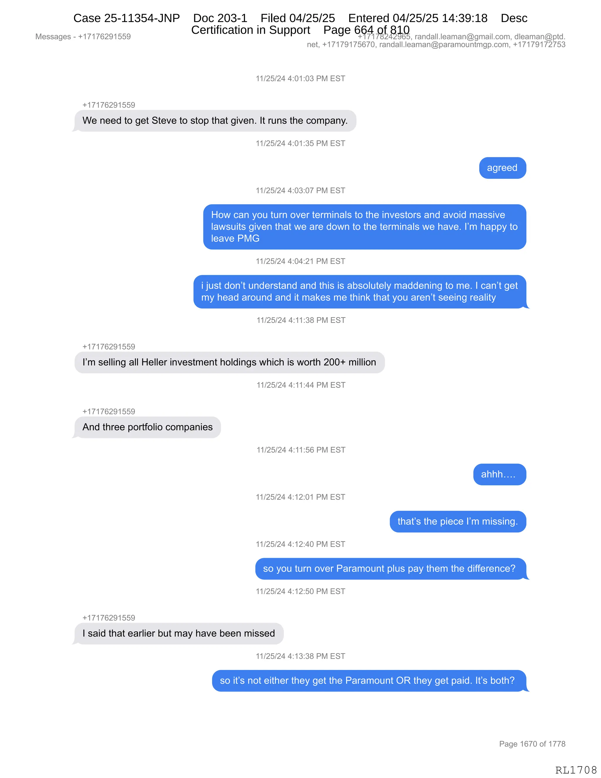 Daryl Heller Bankruptcy Court Filing (text messages and transcripts)